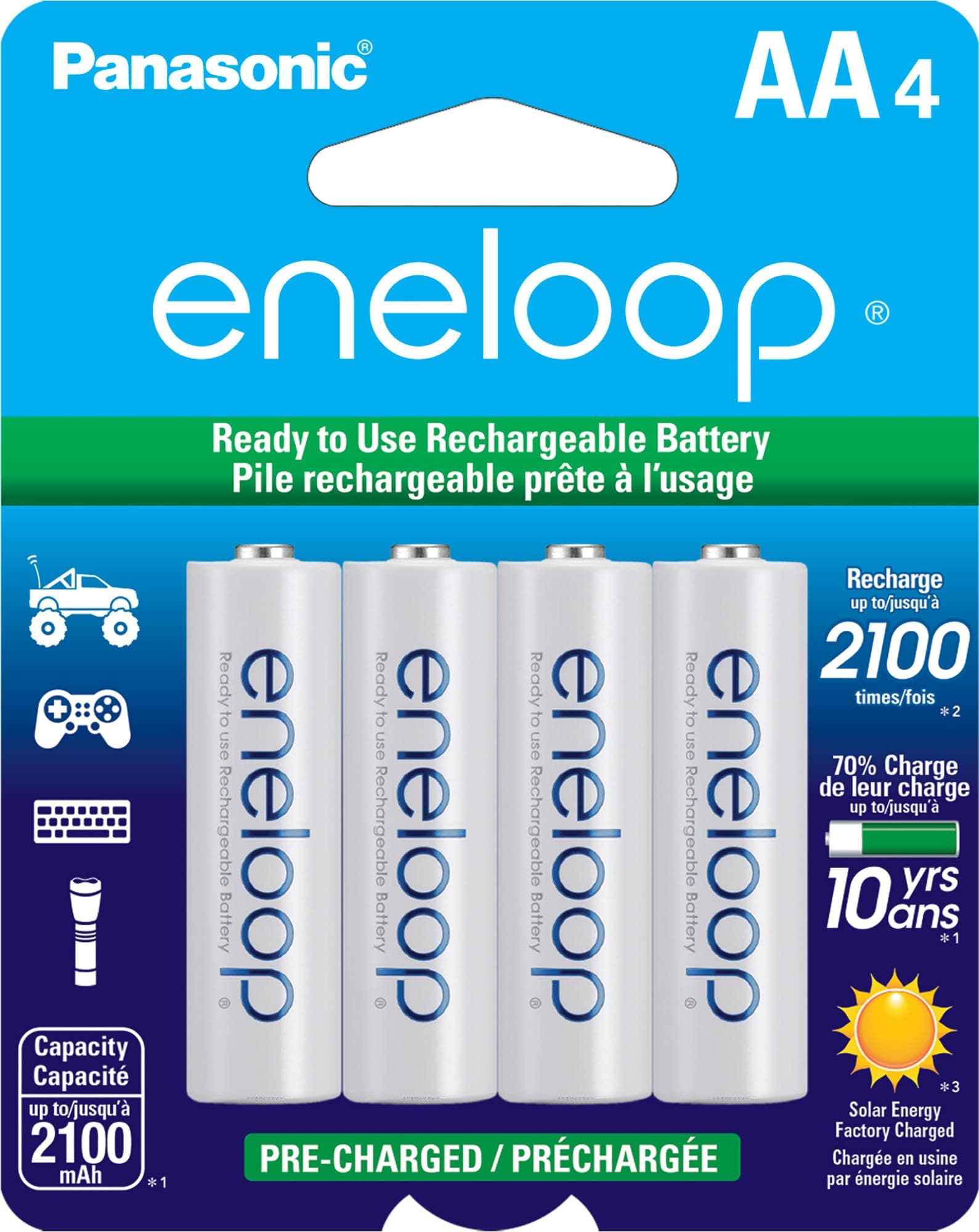 Panasonic Eneloop Aa New 2100 Cycle Ni-mh Pre-charged Rechargeable Batteries 4 Pack - Pe1
