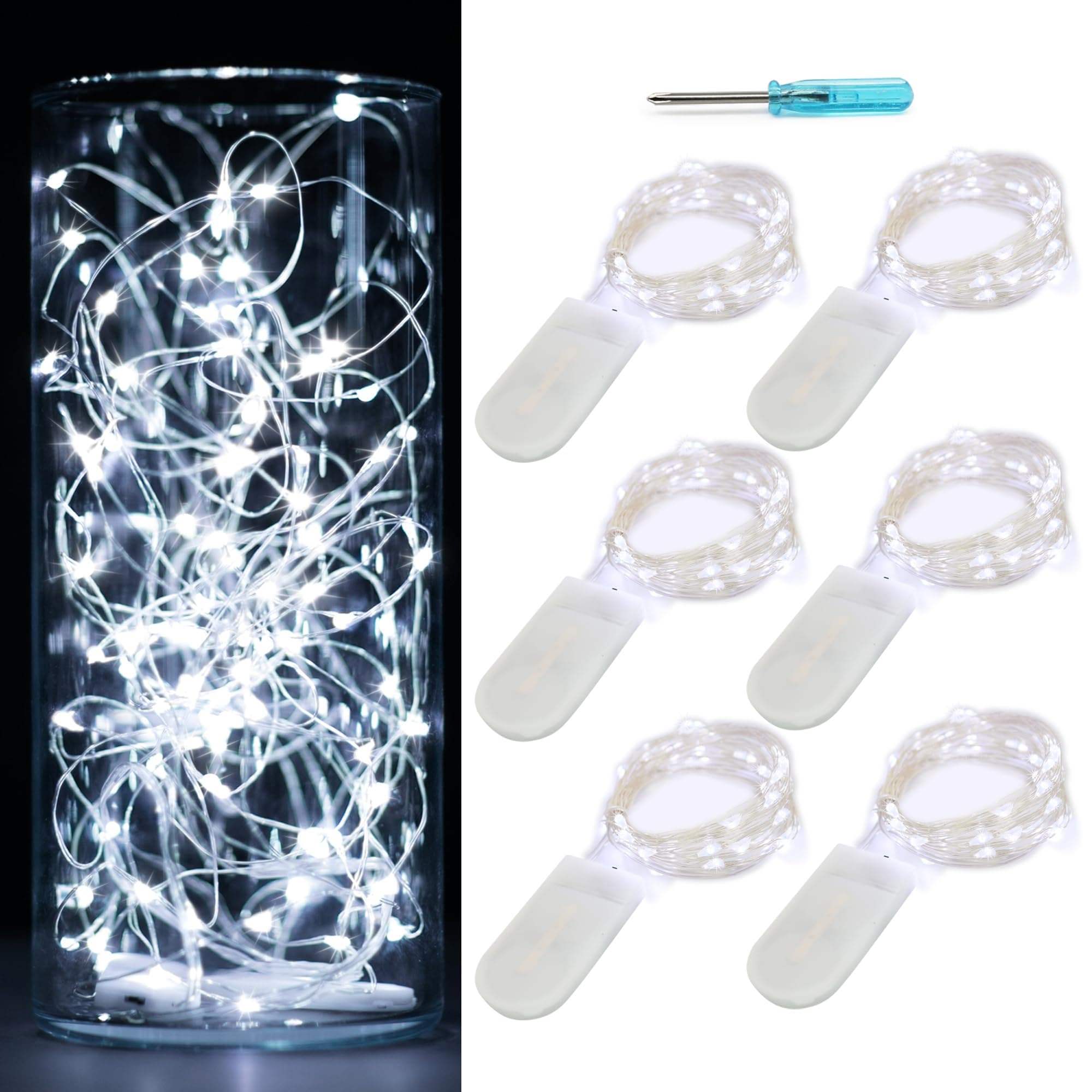 OakHaomie 6 Pack Fairy Lights Battery Operated No Remote Waterproof Firefly Lights LED Starry String Lights 20 LEDs 7ft Silvery Copper Wire for Wedding Party Bedroom Patio Christmas Decor Cool White