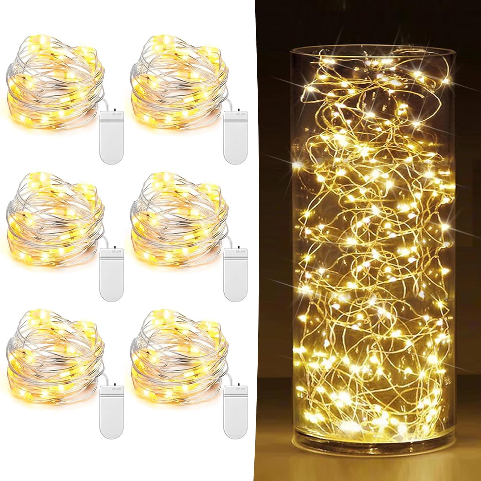 HOBAYS 6 Pack Fairy Lights Battery Operated 7.2ft 20 LED Mini Fairy String Lights Waterproof Copper Wire Firefly Starry Lights for Wedding Party Mason Jars Christmas Decor, Warm White