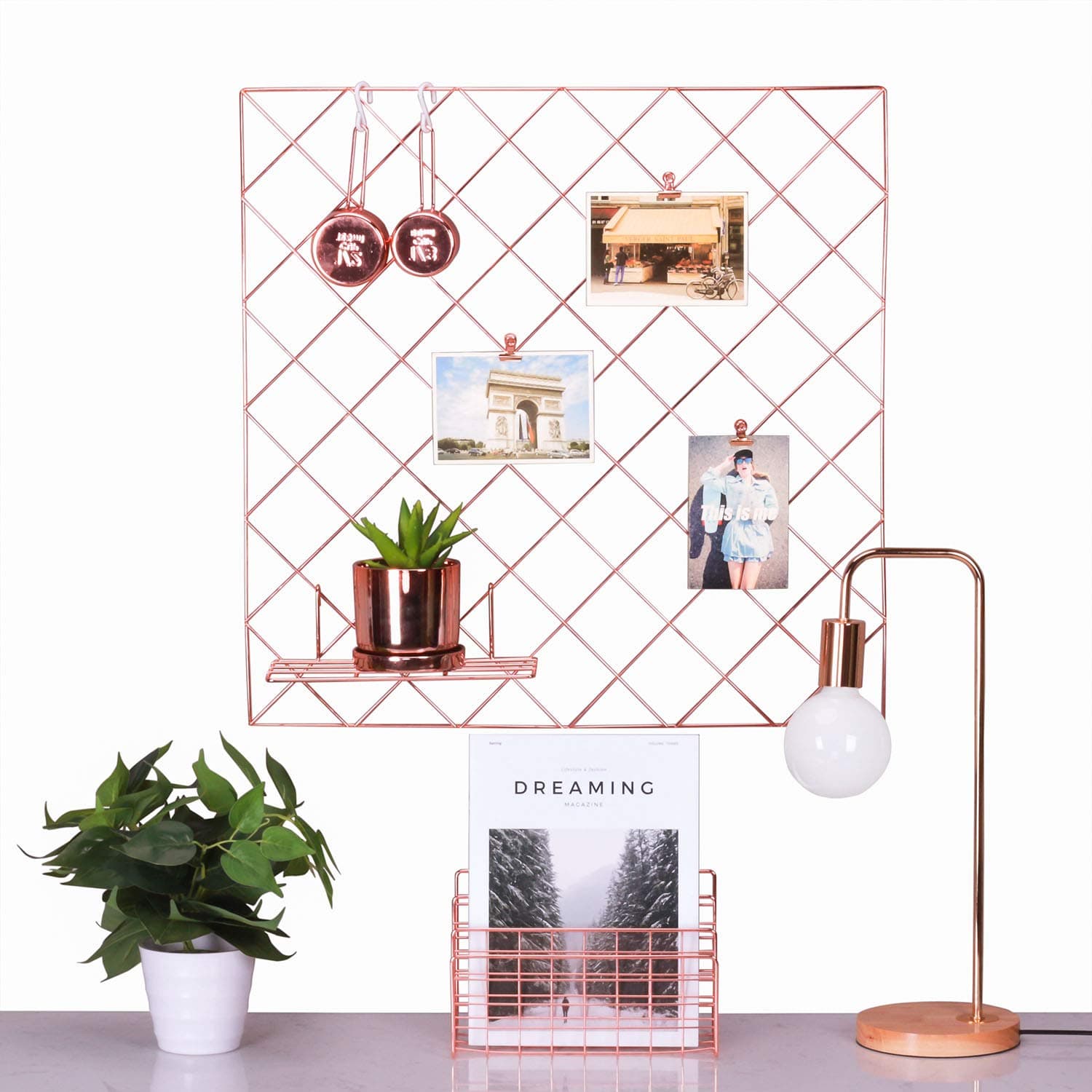 Zosenley Rose Gold Photo Hanging Display, Wall Grid Panel for Display Decoration & Storage, Size 23.6"x23.6"/Rose Gold/Copper
