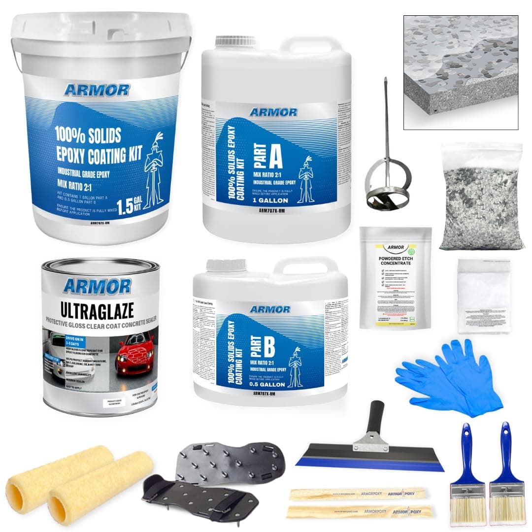 ArmorPoxy Garage Epoxy Floor Kit for Concrete, 14 Pieces, Grade 2 Parts, Industrial Epoxy Floor Coating, 300 Sq Feet, Gray for Garages, Basements, Workshops, Contractors, Automobiles, Storage, Retail