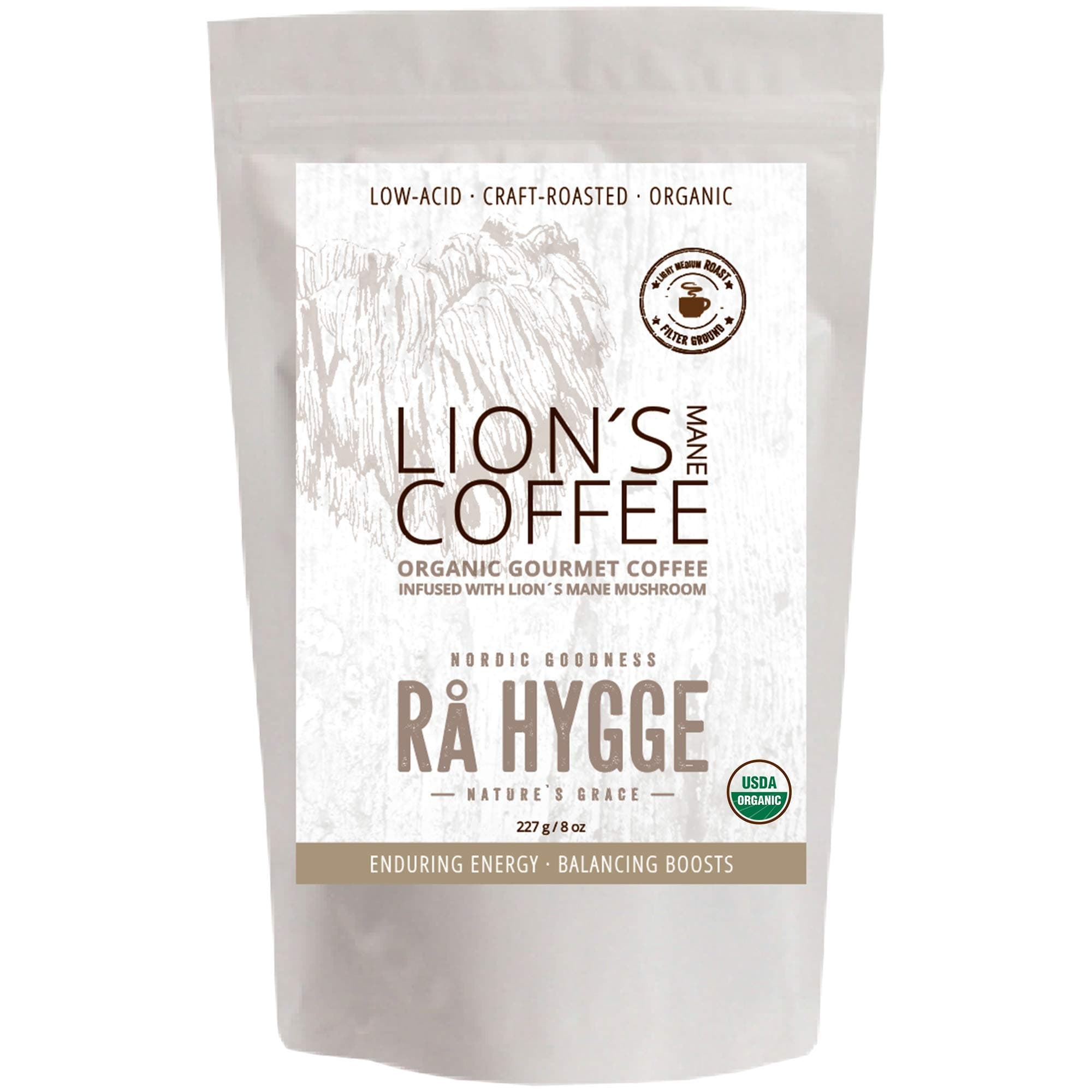 RaHygge |USDA-Organic| Lion's Mane Mushroom Coffee - Ground, Light/Medium Roast, Low-Acid (8oz) • [3 Varieties, High 30% Polysaccharides + 3% Tripenes Mushroom Extract, Powerful Immune/Energy Boost]