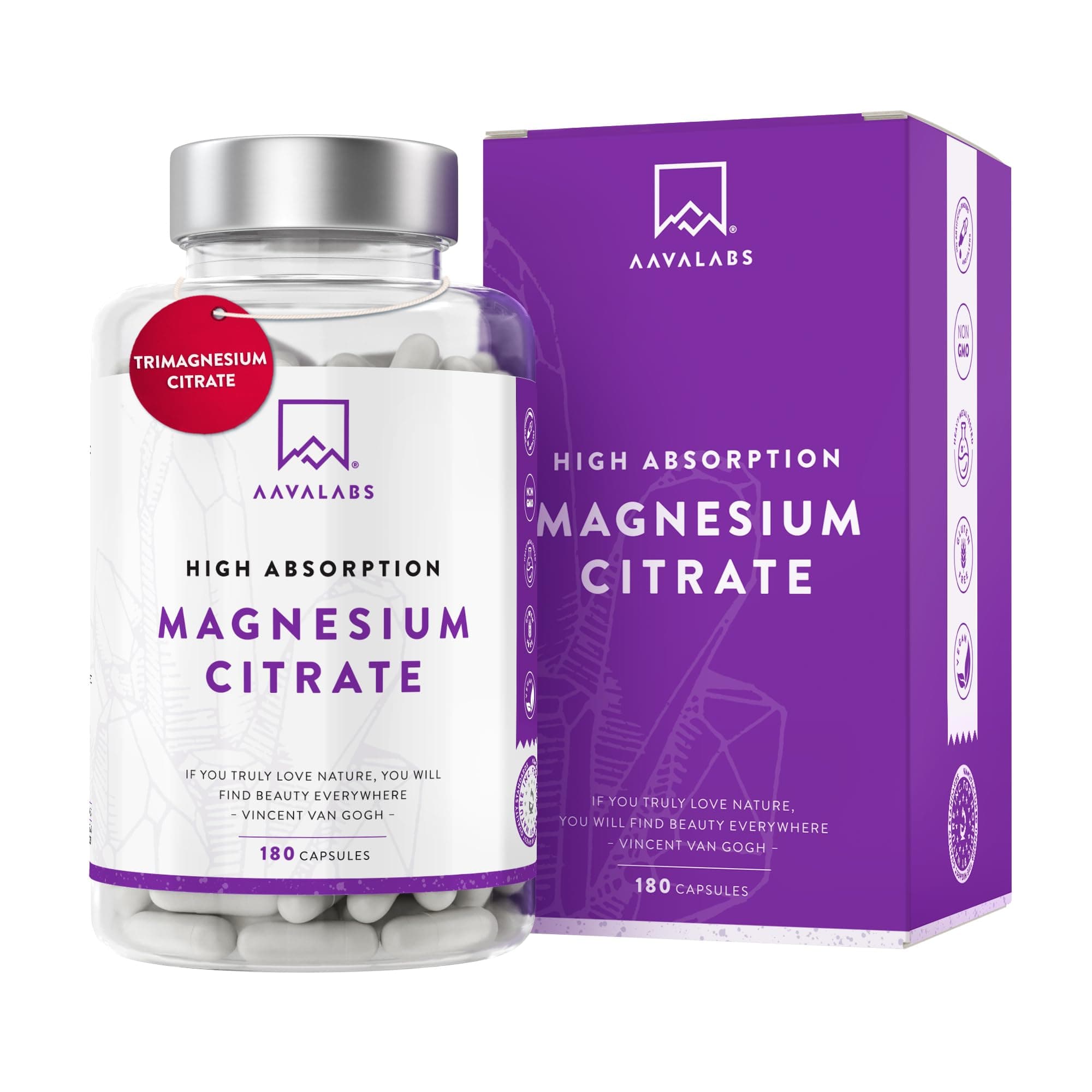 Aavalabs Magnesium Citrate Capsules - 2250mg per Daily Dose - of which Elemental Magnesium 360mg - Vegan Magnesium Supplements for Women and Men –180 Magnesium Citrate Tablets- 3 Capsules Per Day