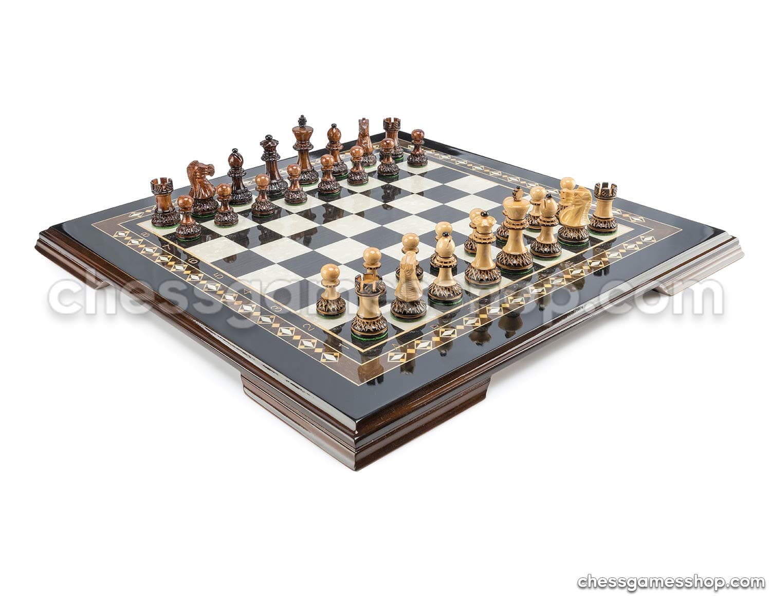 Handmade Wooden Chess Set Dubrovnik Zagreb Burnt Black - Wooden Chessmen, Mosaic Luxury Chess Board