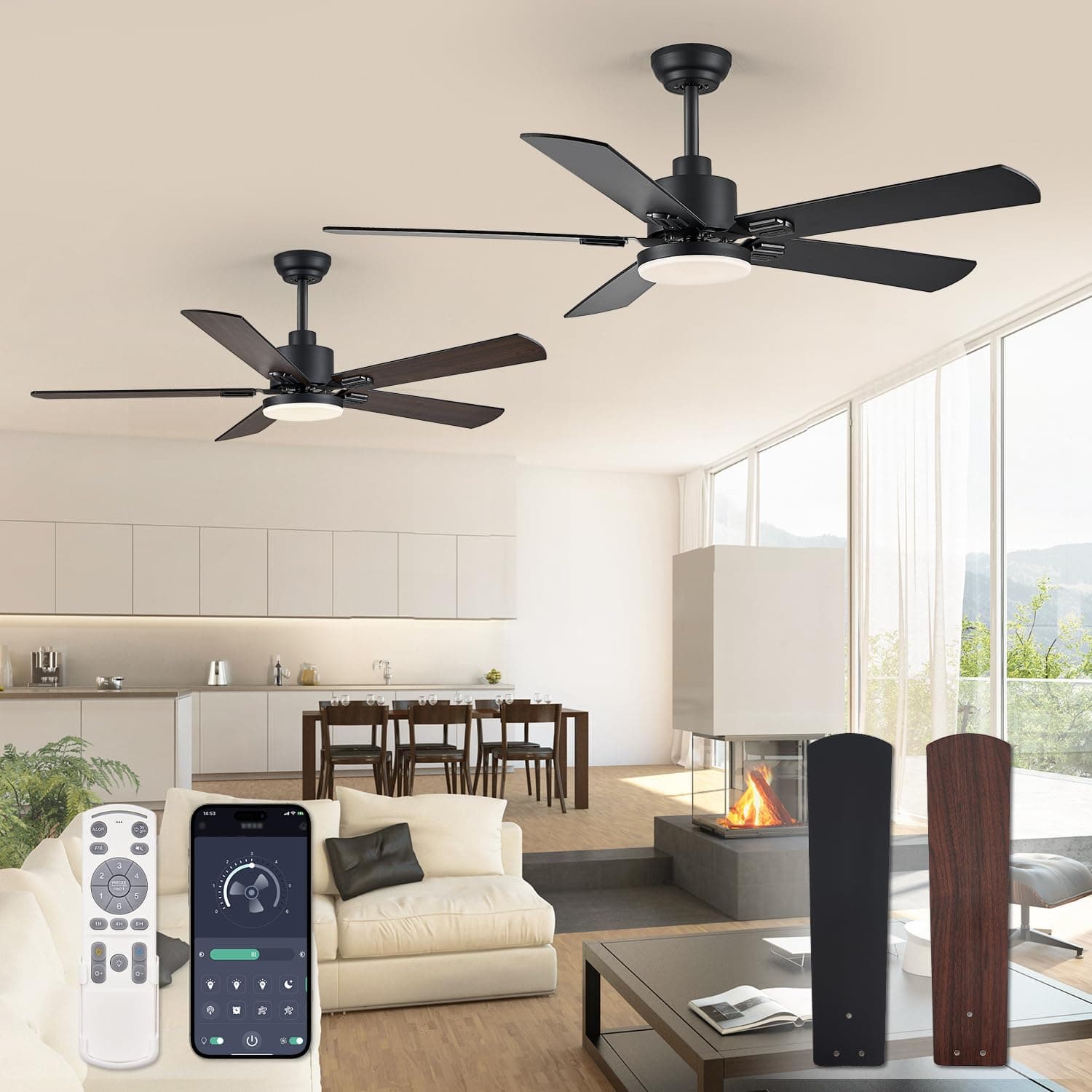 ZMISHIBO 2 Pack 52" Ceiling Fans with Lights, Black Modern Ceiling Fan with Remote, Farmhouse Indoor Ceiling Fan with Dual Finish Blades, Quiet & Strong Motor, Bright LED Light.