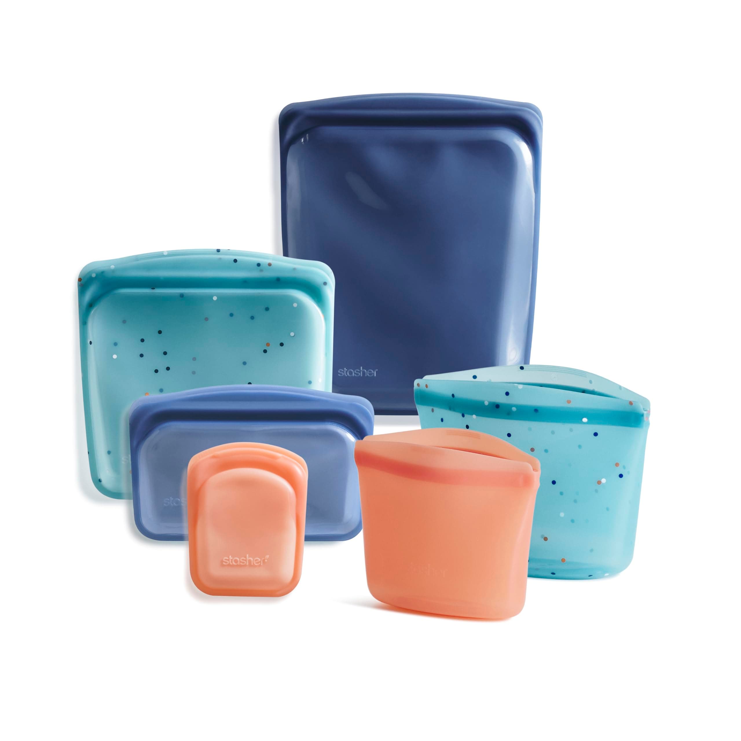 Stasher Premium Silicone Reusable Food Storage Bags, 6-Pack, Starter Kit, Clear Multi-Use Food Storage Bags, Lunch Bag, Travel Containers BPA Free, Leak-free, Dishwasher-Safe, Eco-friendly