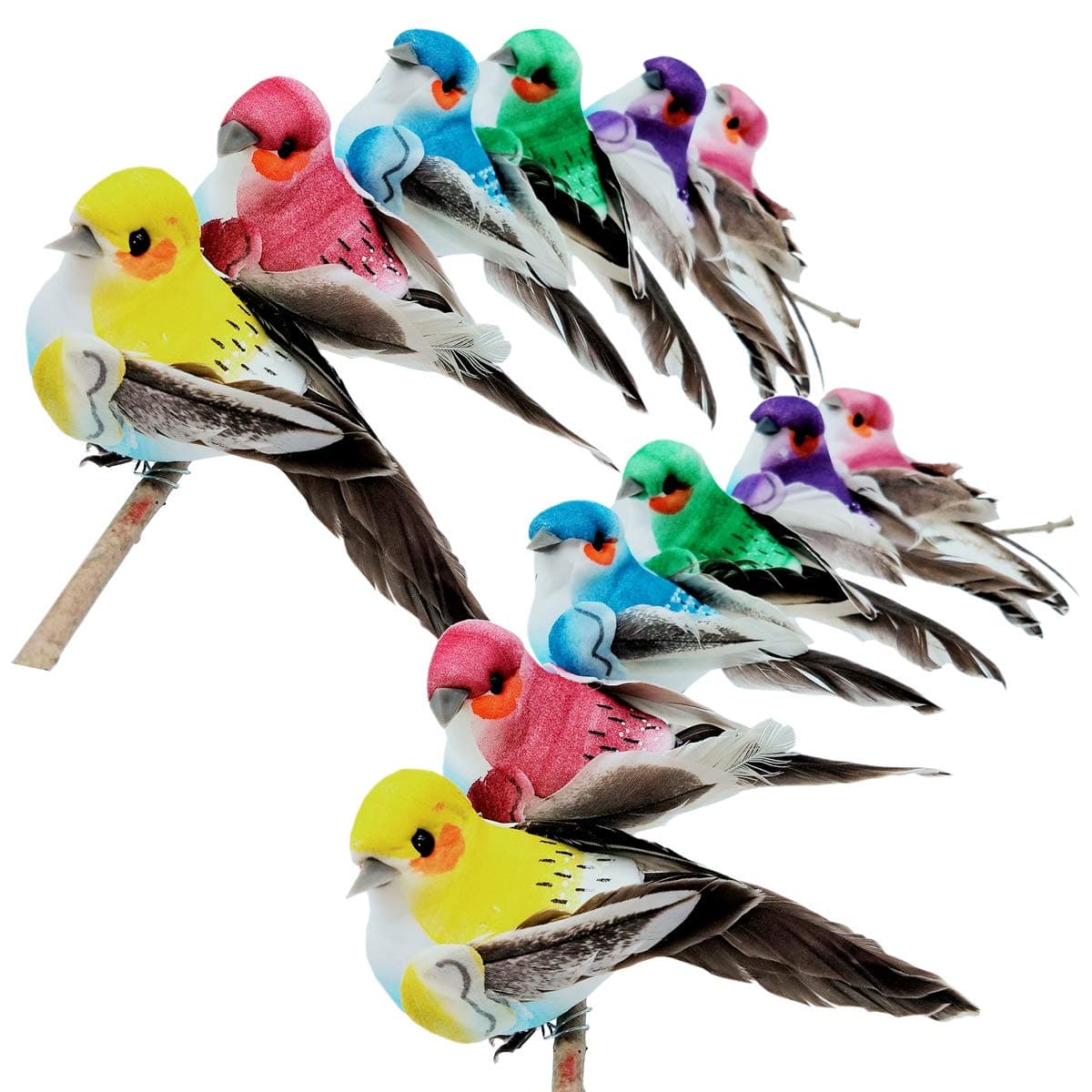12pcs Artificial Simulation Foam Feather Birds with Wire Feet 3.9inch Colorful Decorative Sparrow Bird for Crafts Tree Decorations Christmas Ornaments Party Decor Seasonal Display