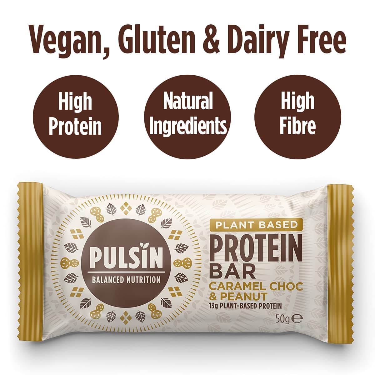 Pulsin - Caramel Choc & Peanut Vegan Protein Bars - 18 x 50g - 13g Protein, 5.1g Fibre, 240 Kcal Per Serving - Gluten Free, Plant Based, Palm Oil Free & Dairy Free Snack Bar