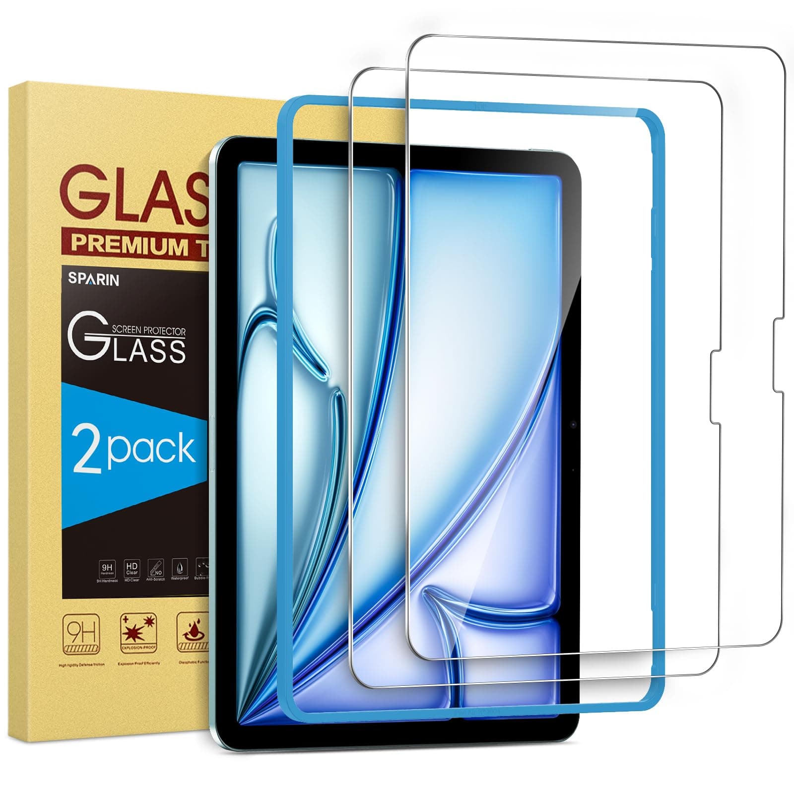 SPARIN Pack of 2 Tempered Glass Protective Glass for iPad Air 11 Inch M3 2025 / M2 2024, Screen Protector for iPad Air 7/6th Generation, with Frame Installation Aid, Scratch-Resistant, 9H Hardness