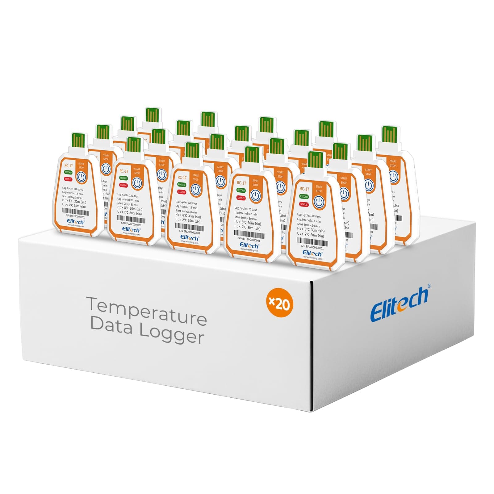 Elitech 20 Pack 120 Days USB Temperature Data Logger Single-Use Cold Chain Monitor (CCM) in-Transit Trip Disposable Temperature Recorder, Temperature Monitoring with PDF Report -22～158℉ RC-17