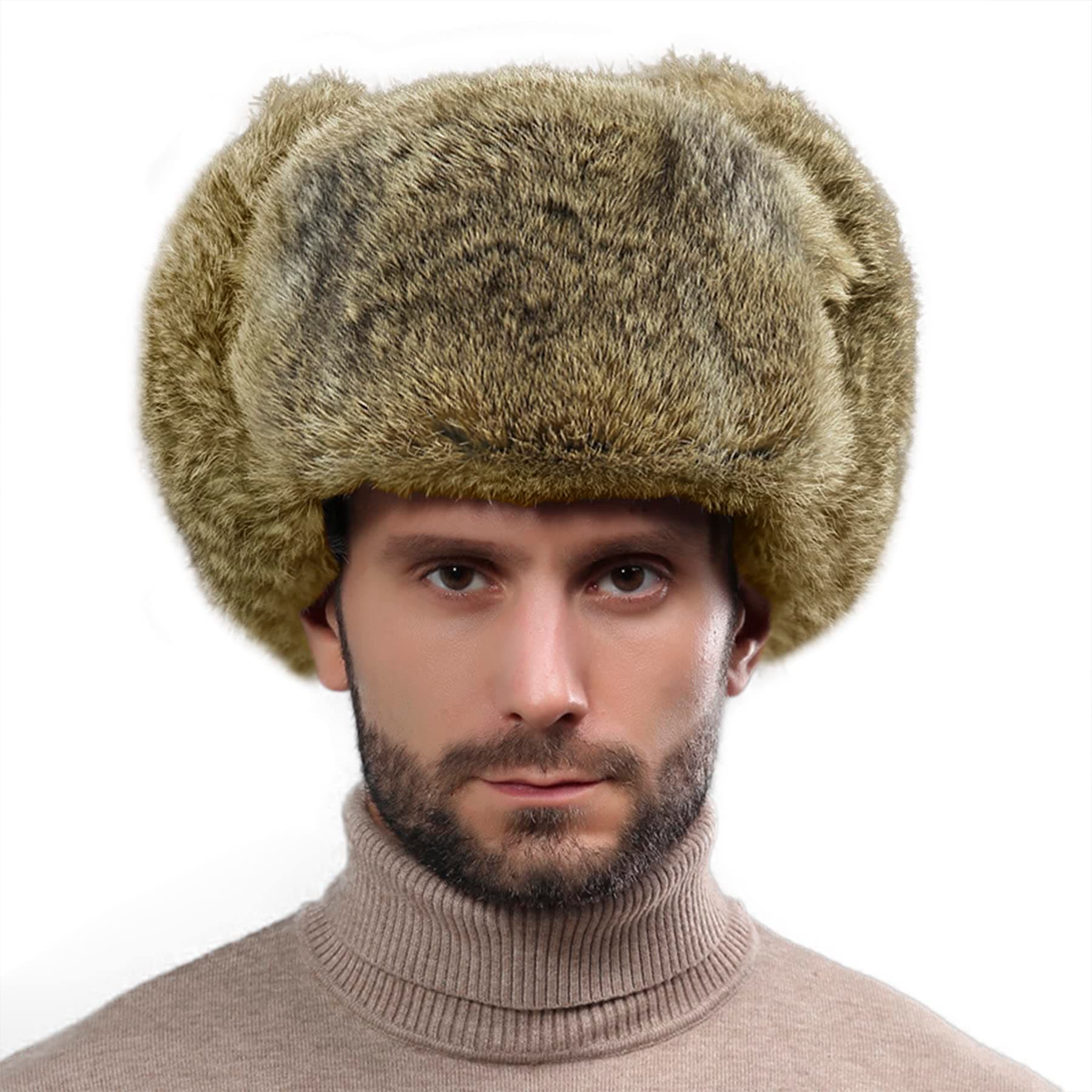 Faux Fur Trapper Hat for Men Warm Winter Ushanka Hat with Ear Flaps Windproof Cold Weather Hat Brown