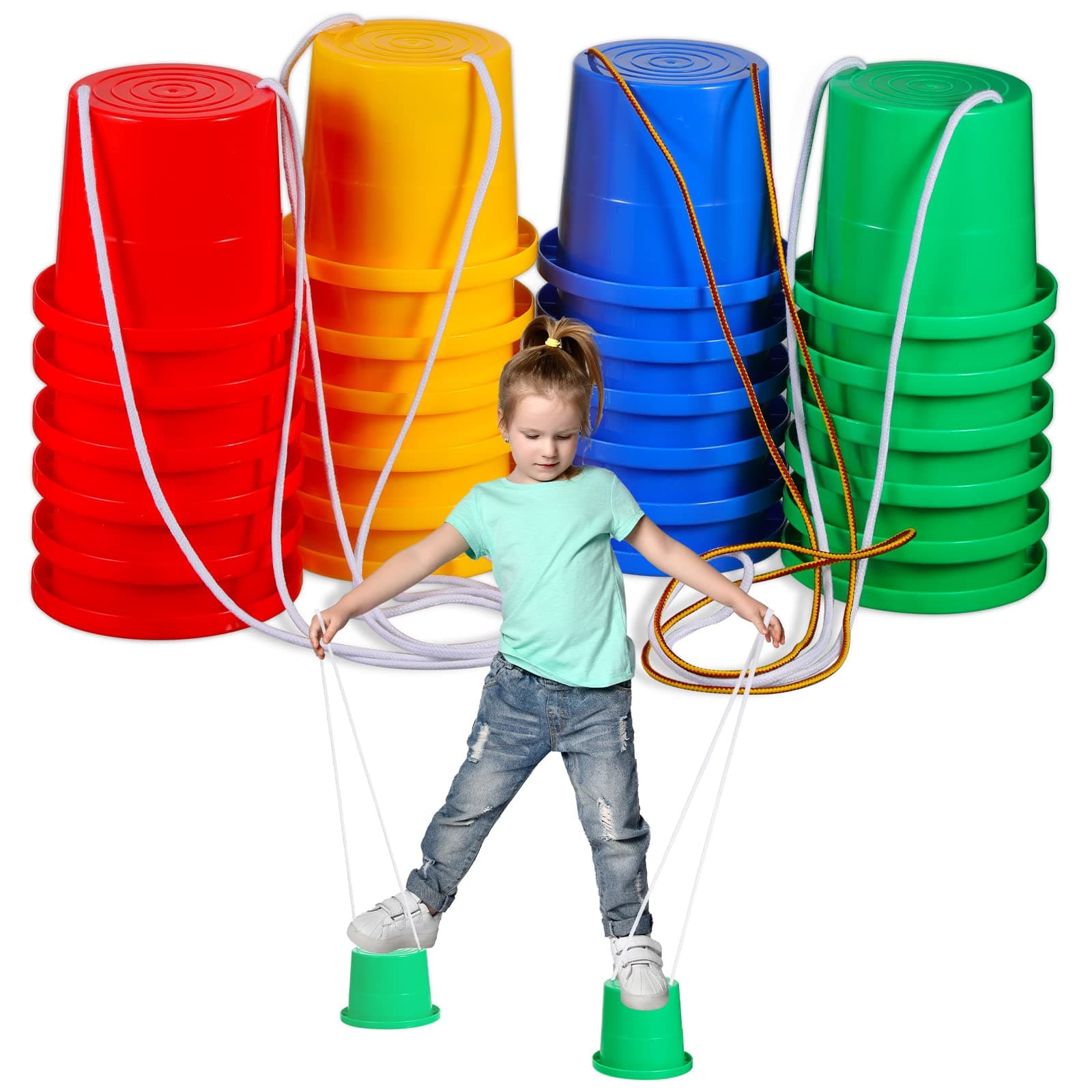 Hungdao 12 Pairs Balancing Stilts for Kids Walking Bucket Stilts Plastic Walking Toy with Adjustable Rope for Preschool Playground Indoor Outdoor Obstacle Course Games, 4 Colors