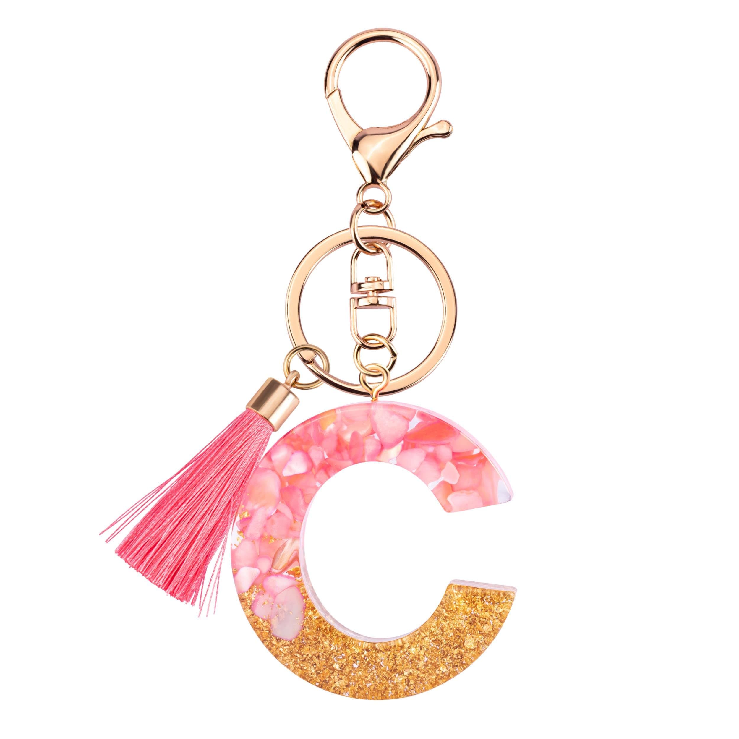 SuweibukeCute Pink Key Chains for Women Girls, Initial Letter Keychains with Tassel, Charms for Key Purse Handbags Backpacks