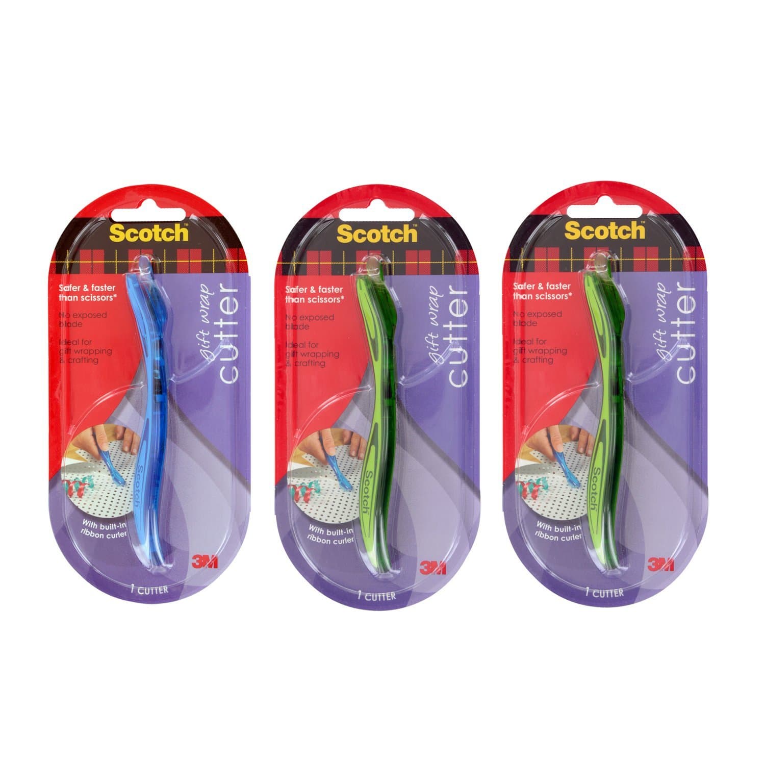 3M Scotch Gift Wrap Cutter & Ribbon Curler, Assorted Colors, Pack of 3