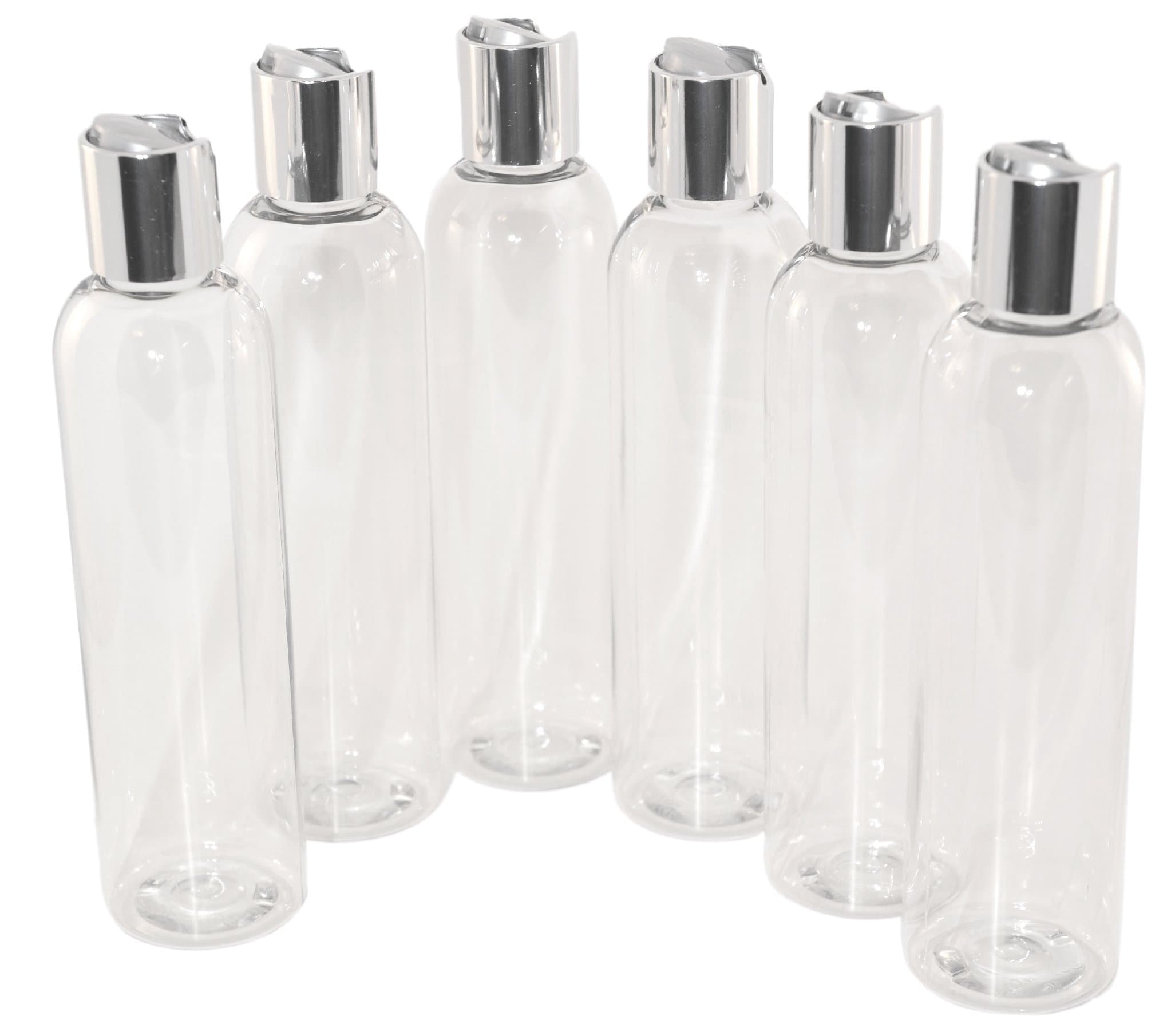 KnDdeals4You (6 pack) 8 oz Plastic Bottles, Clear PET Cosmo Rounds with Commercial Quality Silver Disc Top Caps Refillable for Lotions, Shampoos, Conditioners, Body Washes, for Home Made Oils