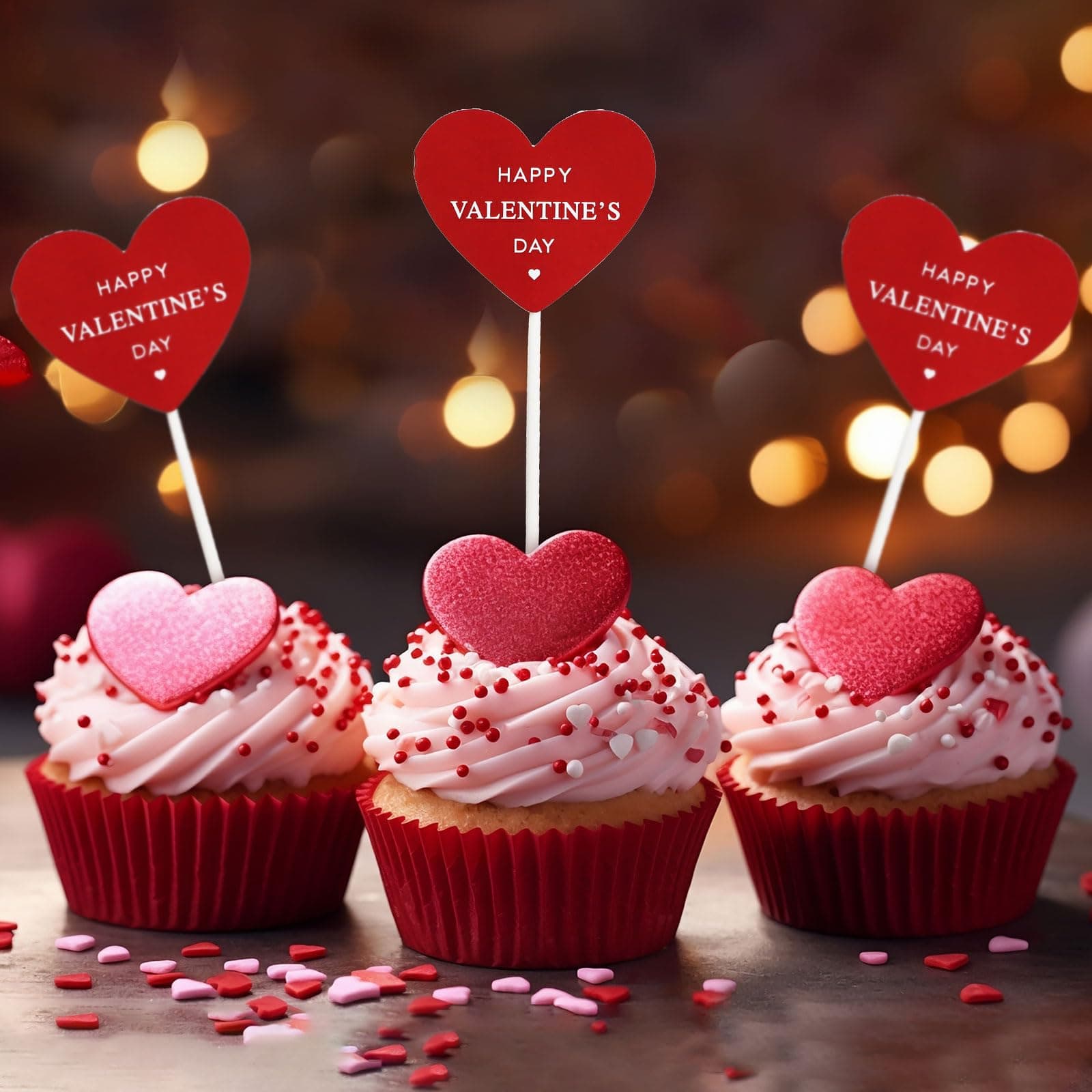24pcs Valentines Cupcake Toppers Red Valentines Cake Toppers Happy Valentines Day Cake Toppers Double Sided Valentines Cake Decorations for Valentines Cupcake Decorations