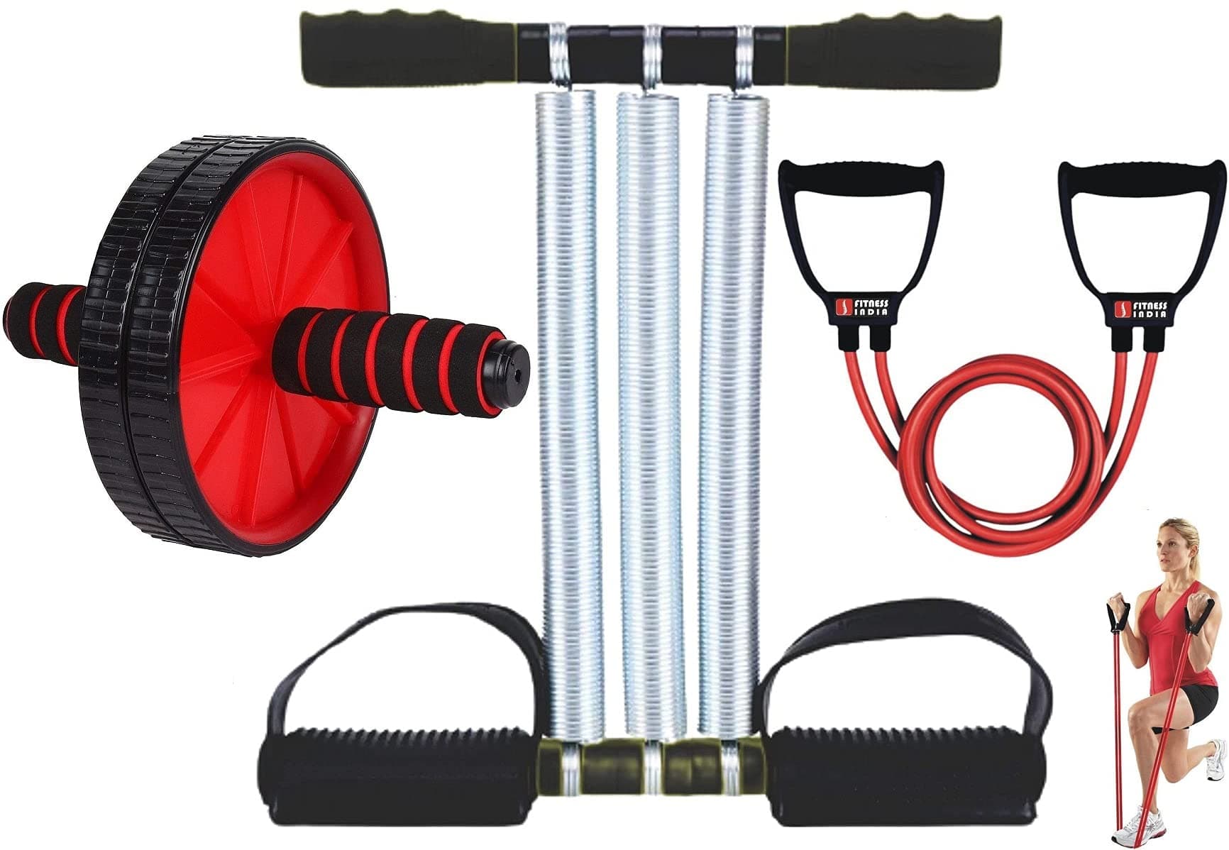FITNESS INDIA™ AB Roller | Tummy Trimmer | Toning Tube (Combo of 3) Pull Reducer, Resistance Band, Body Toner Abs Exerciser Home Gym Exercise Equipment - Multicolour