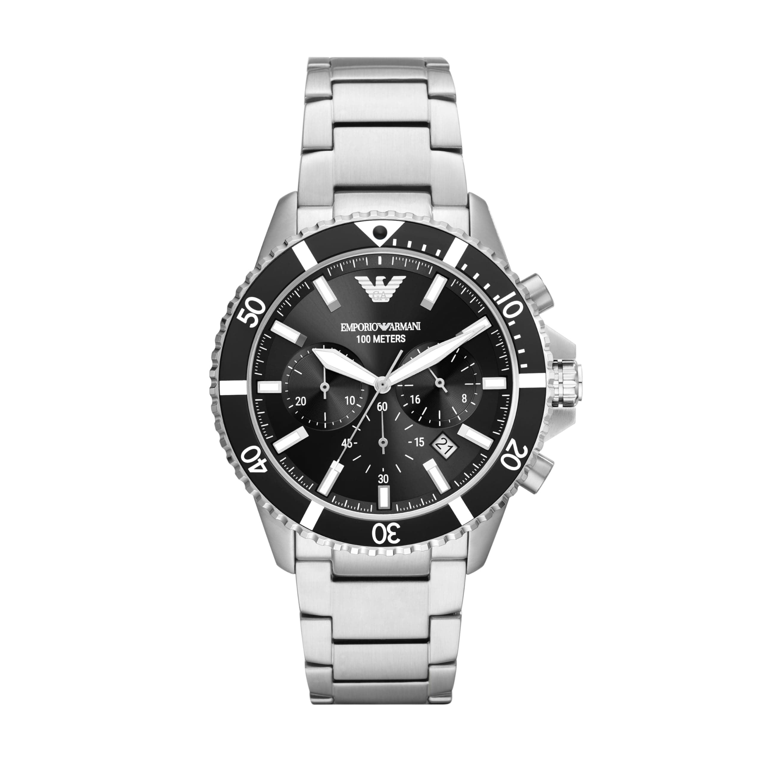 Emporio Armani Men's Dress Watch Stainless Steel Silicone Leather Band, Silver, Chronograph, Quartz Movement