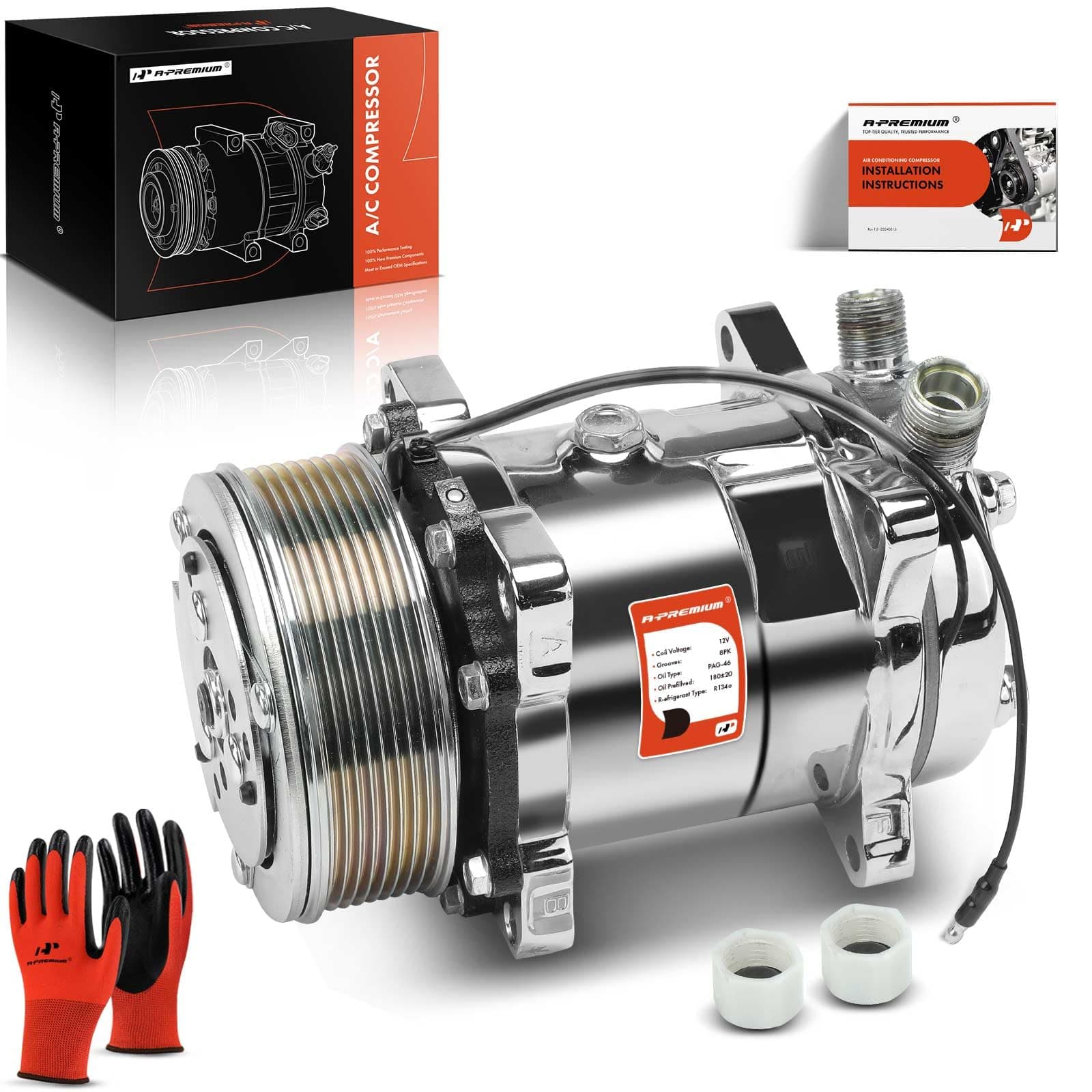 A-Premium Fit for Sanden 508 8PK Style, Universal A/C Compressor with Clutch, 8 Groove Serpentine Belt, Chrome Plated Aluminum Housing