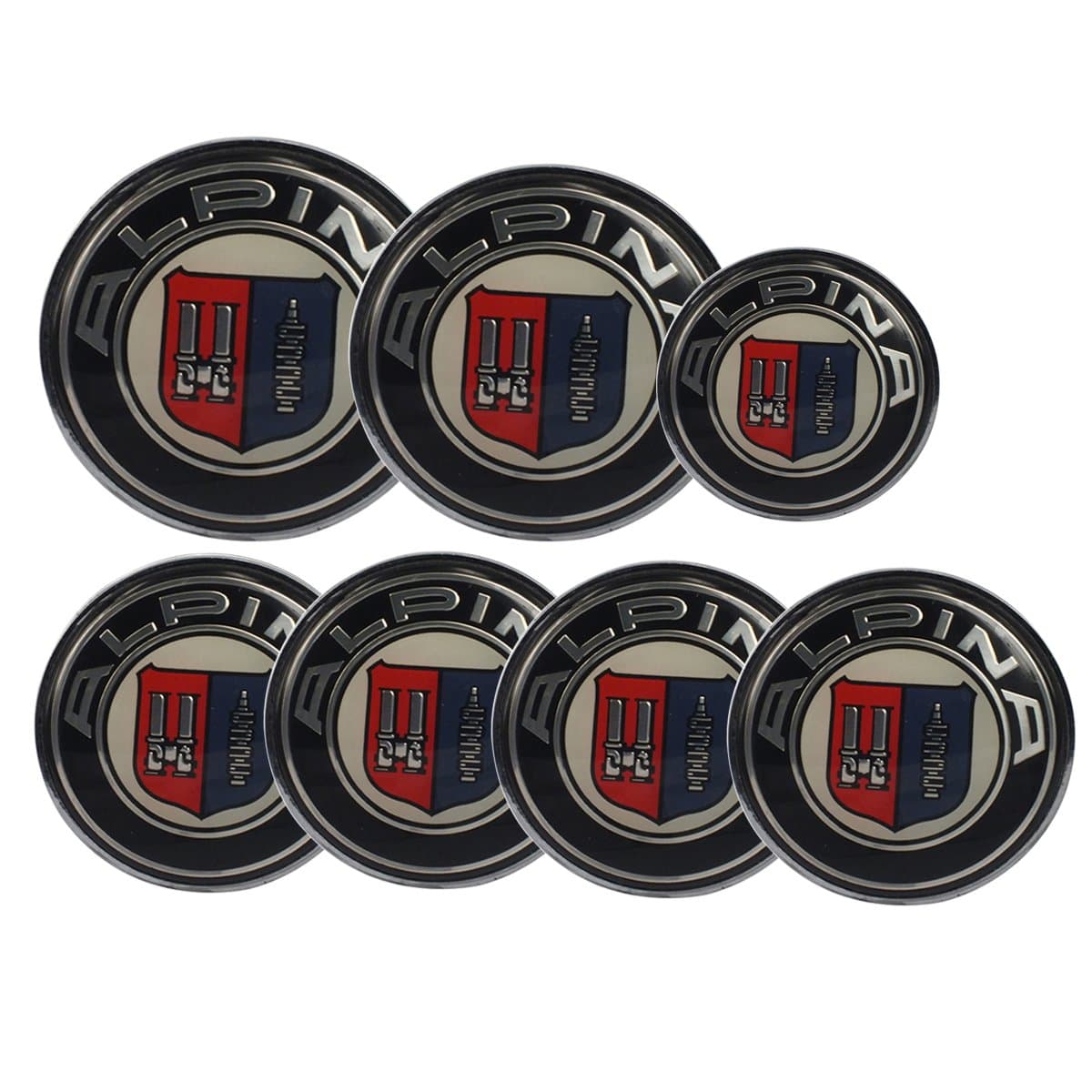 ALPINA Round Emblem Logo Badge Set 7pcs Set 82mm Hood / 74mm Trunk / 68mm Wheel Caps / 45mm Steering Emblem For BMW ALPINA Car Model
