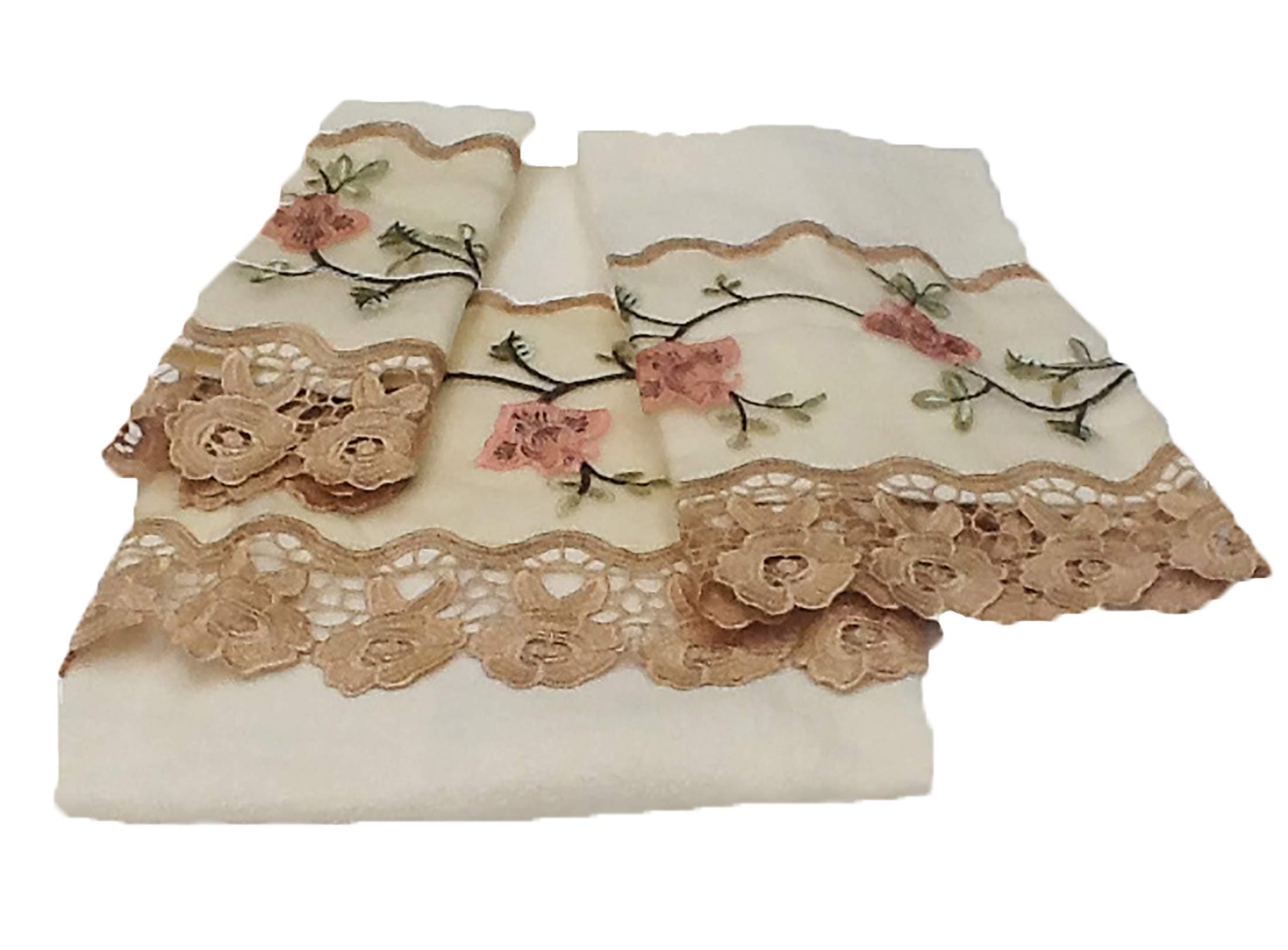 Editex Home Curtain 3 Piece Rose Garden Towel Bath Set, 24" x 48"/16" x 25"/12" x 12", Gold