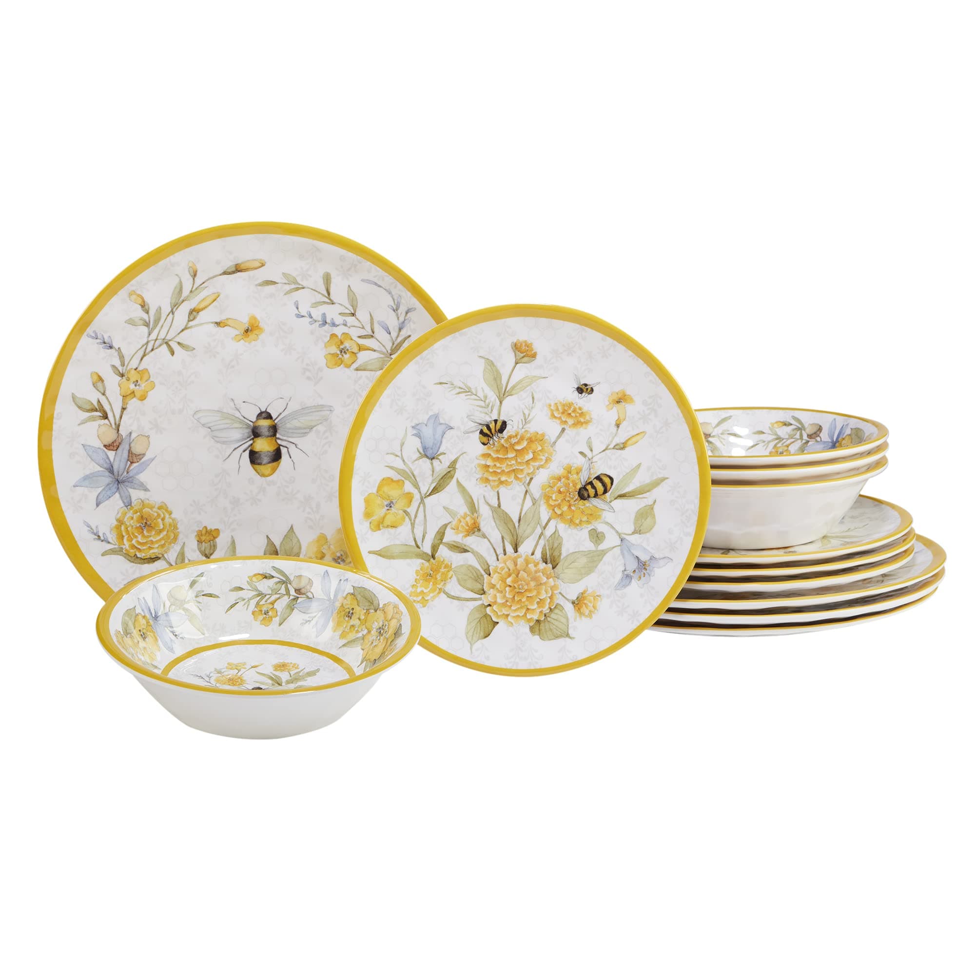 Bee Sweet 12-Piece Melamine Dinnerware Set, Service for 4, Bee & Floral Plates and Bowls, Durable Shatterproof Outdoor Tableware for Spring & Summer Entertaining