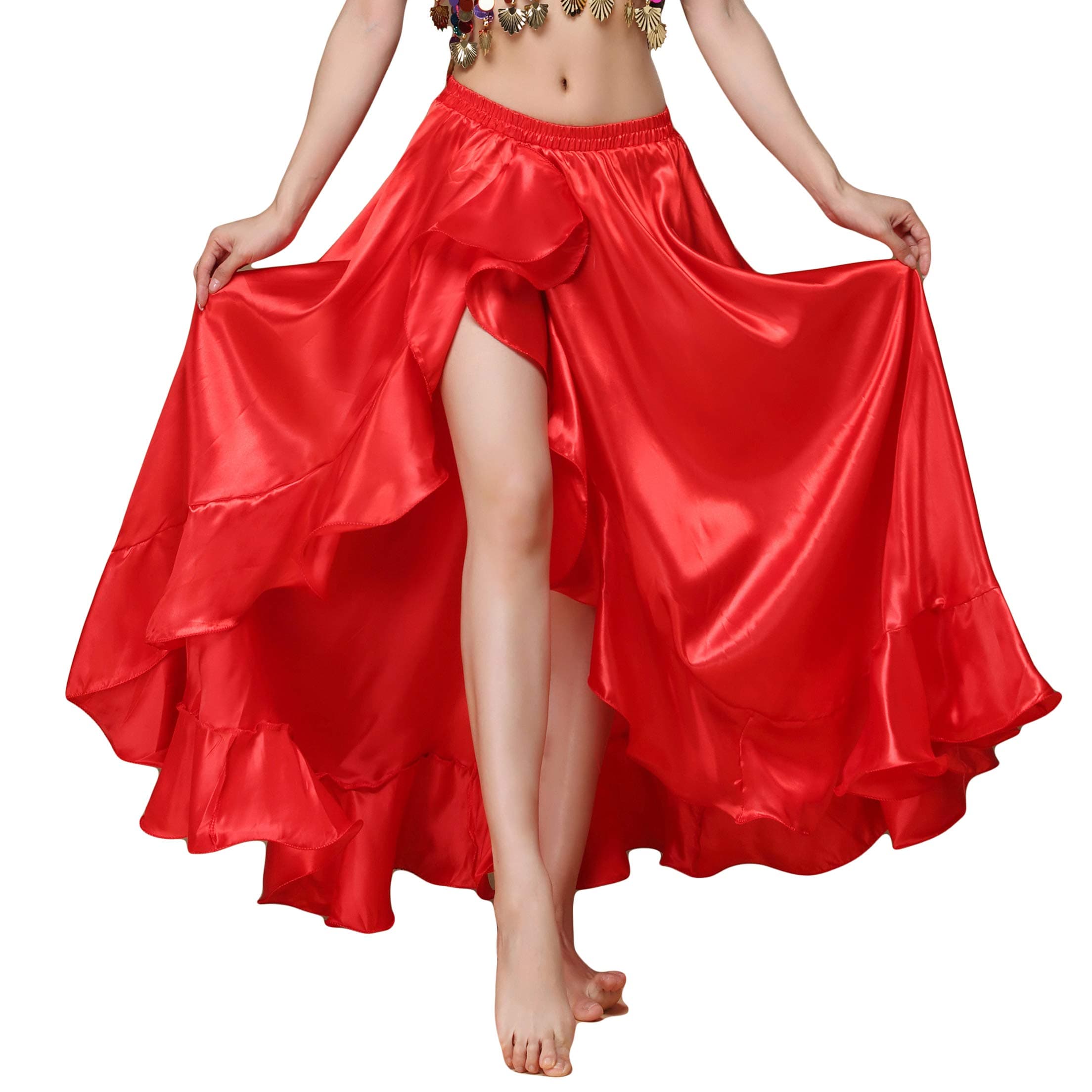 Belly Dance Skirt Satin Split Side Long Skirts for Women