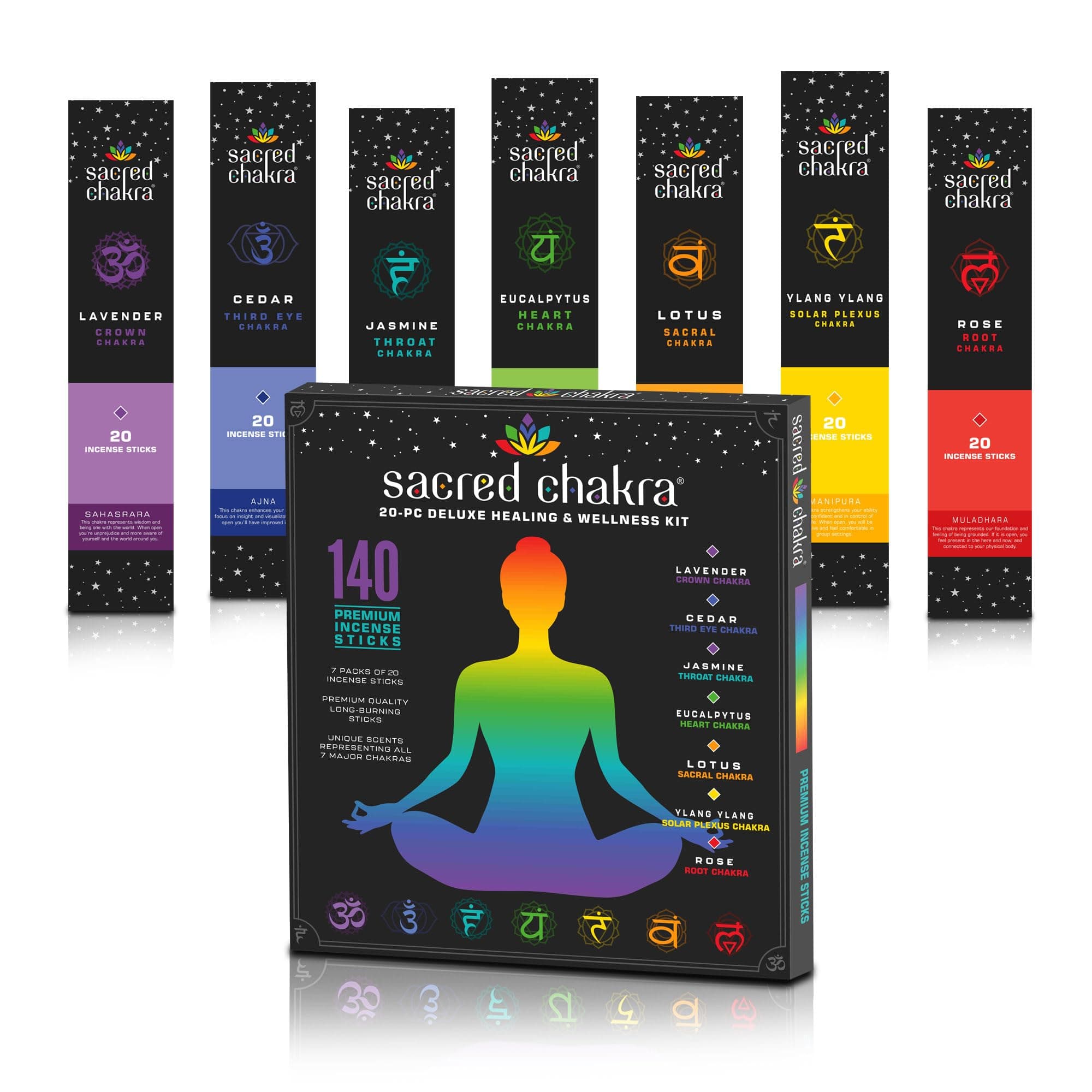 MECKASacred Chakra Incense Sticks Gift Set | 140 Insence-Sticks for Yoga, Aromatherapy and Relaxation | 7 Unique Aligning Scents for Meditation and Good Vibes | Premium Slow Burn Natural Insenses
