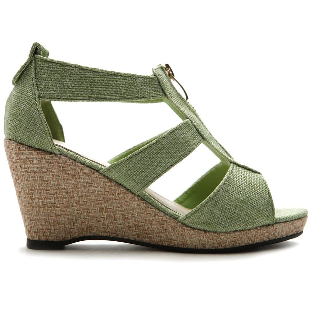 Ollio Women's Shoe Front Zipper Wedge High Heel Strap Sandal ZM7962(6 B(M) US, Green)