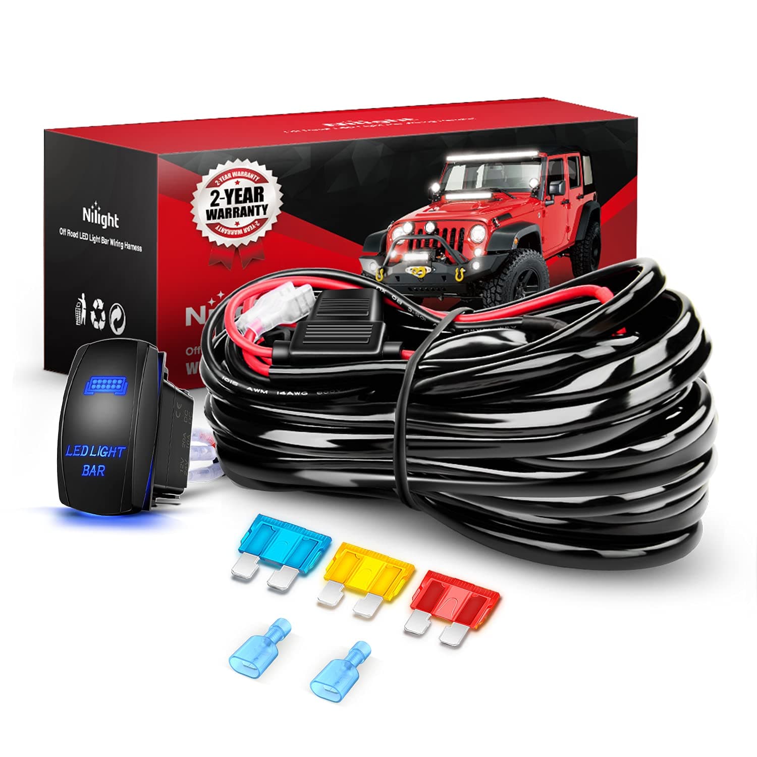 Nilight LED Light Bar Wiring Harness Kit 14AWG Heavy Duty 12V 5Pin Rocker Switch Laser On off Waterproof Switch Power Relay Blade Fuse-1 Lead,2 Years Warranty