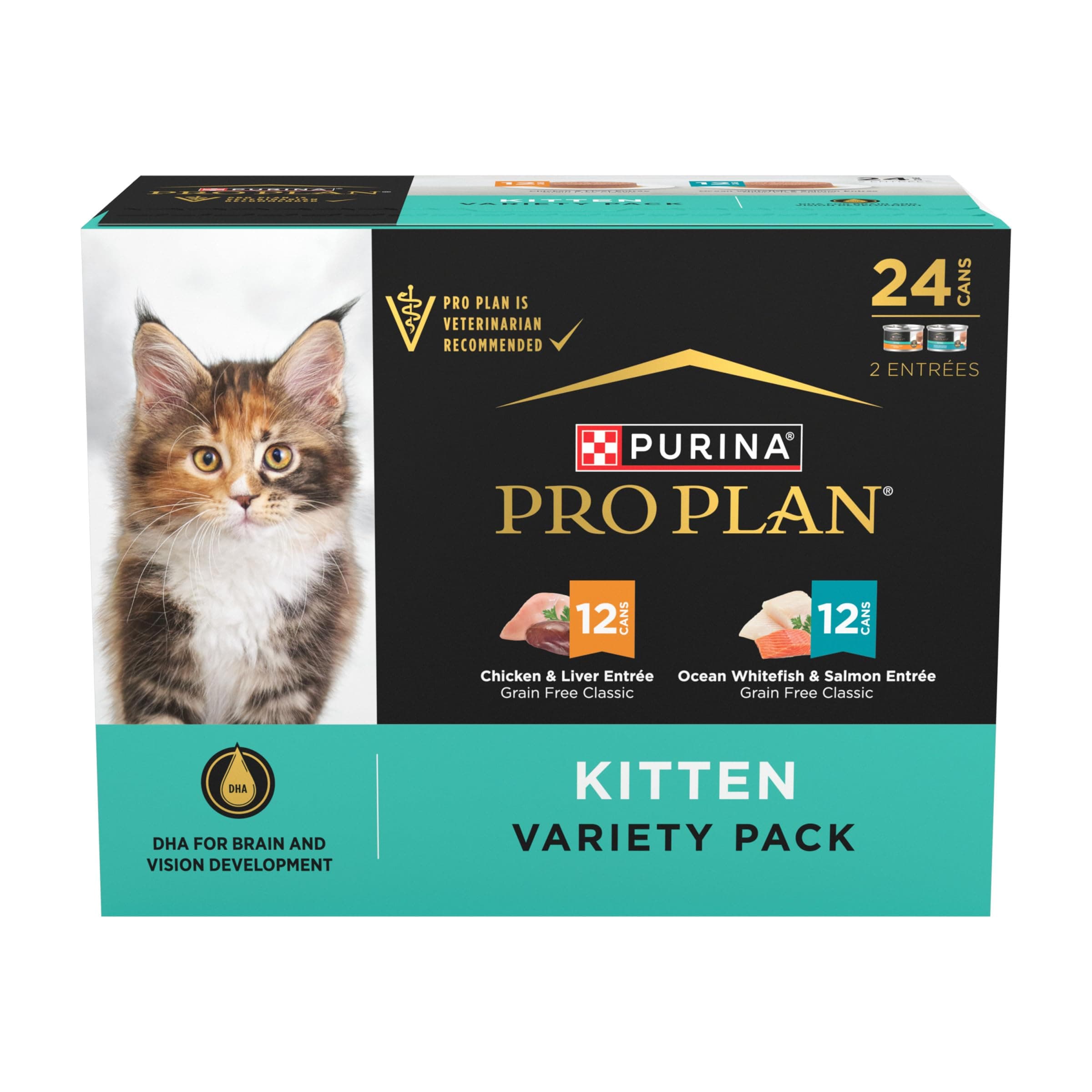 Purina Pro Plan Grain Free Chicken and Liver and Ocean Whitefish and Salmon 24 ct Kitten Wet Food Variety Pack - (24) 3 oz. Cans