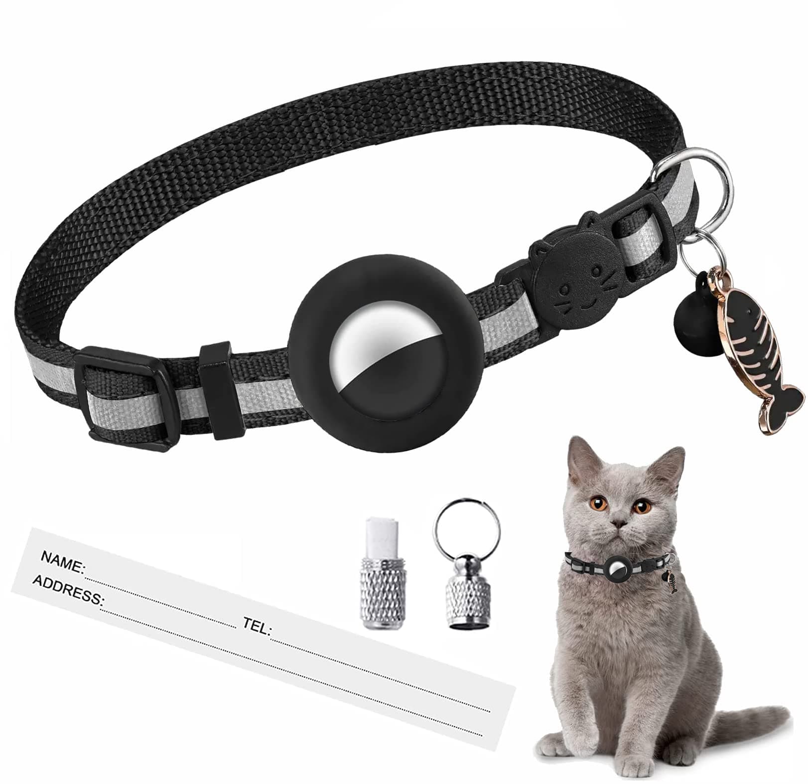 Airtag Cat Collar, Kitten Collar with Bell and Safety Quick Release Buckle and 1 Name Tag, Reflective Cat Collar with Waterproof Holder Compatible with Apple Air tag for Small Pets Cats Puppies Kitten