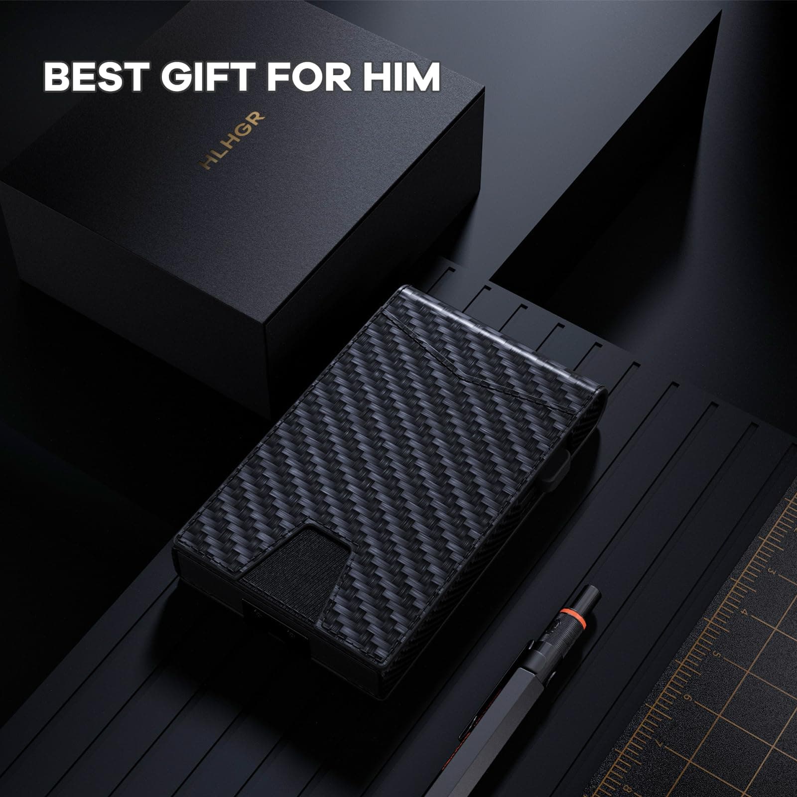 Wallet for Men, Gift Boxed Slim Minimalist Wallet for Men with Money Clip and Genuine Leather Slots RFID Blocking Pop Up Metal Aluminum Smart Wallet Card Case (Carbon Fibre Black)