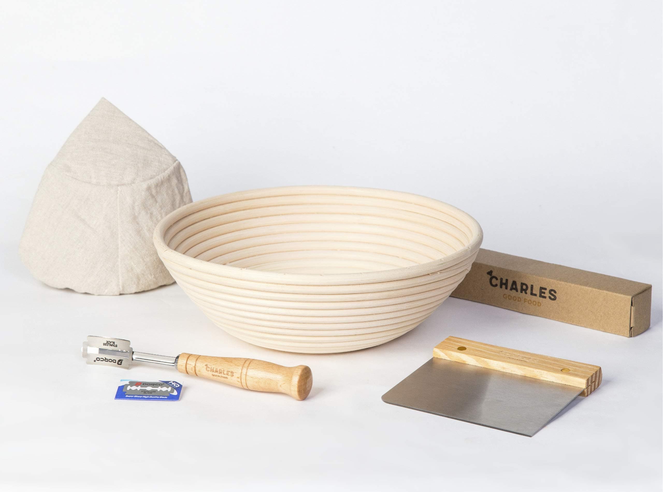 Banneton Proofing Basket 10" | Liner | Metal Dough Scraper | Proffesional Scoring Lame | No Plastic | Charles Good Food