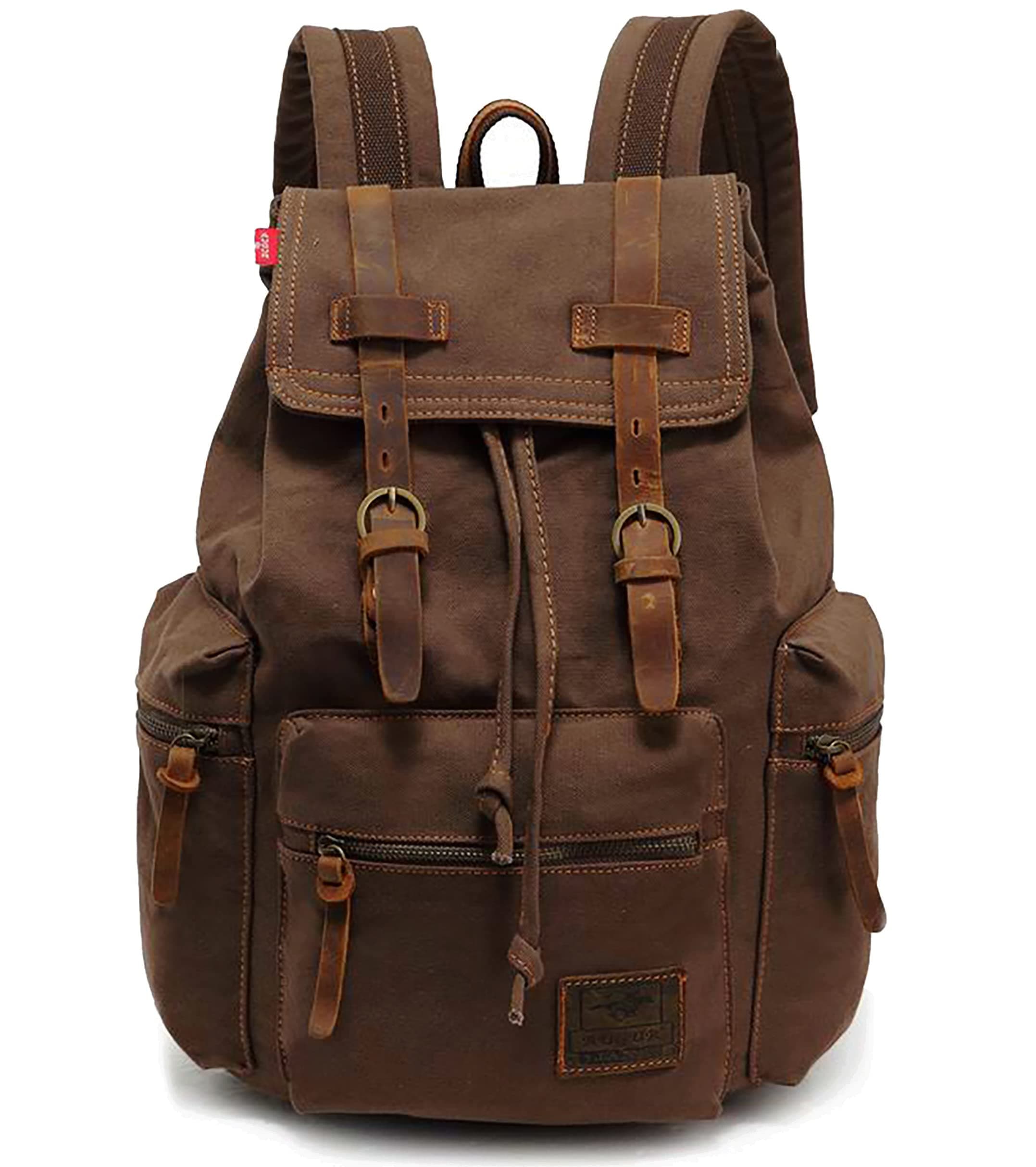 Vintage Canvas Travel Backpack with Leather Trim, Laptop Padded Sleeve, Hidden Back Security Pocket, Fits 14-Inch, M32 Coffee
