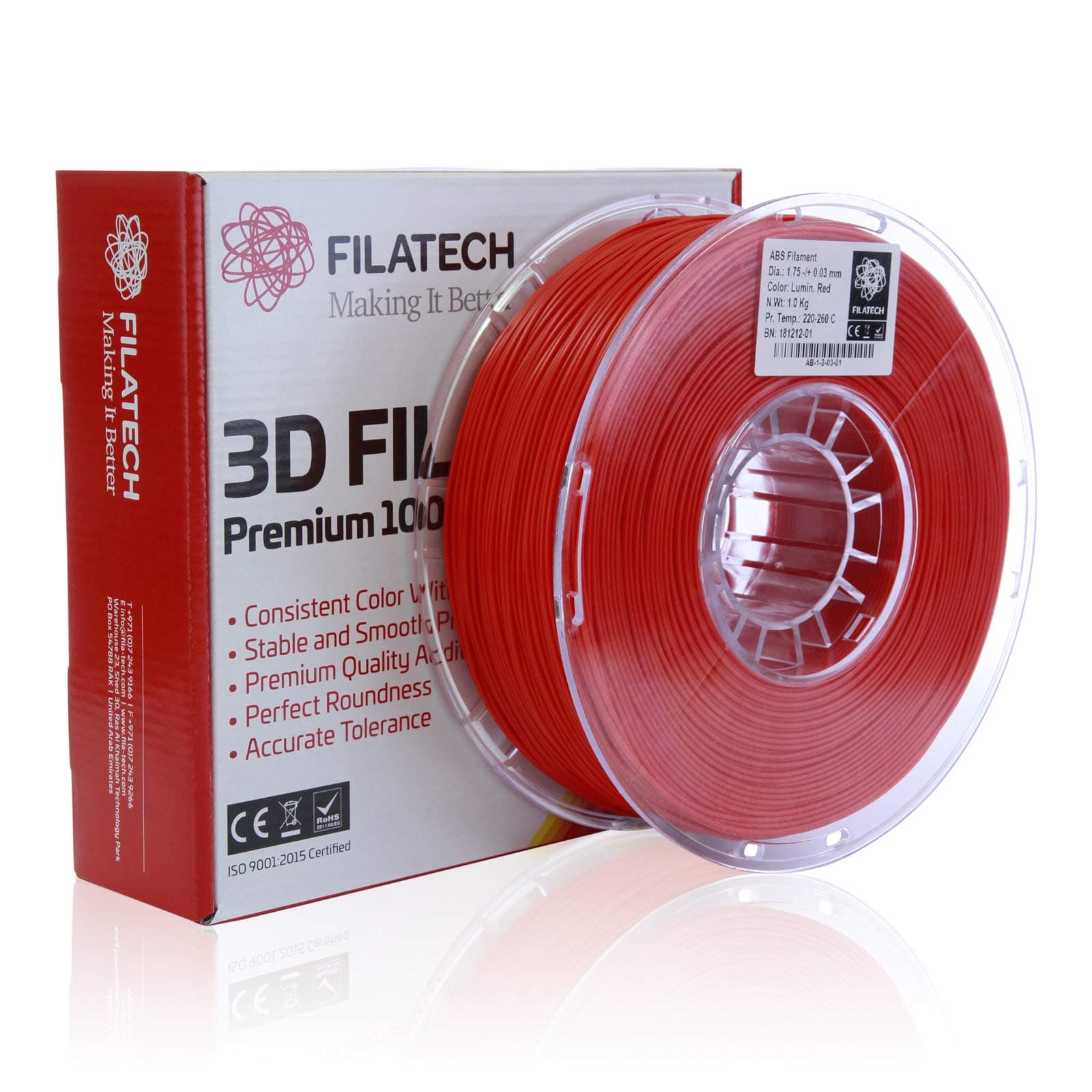 ABS Filament, Lumin. Red, 1.75mm, 1 kg, Made in UAE