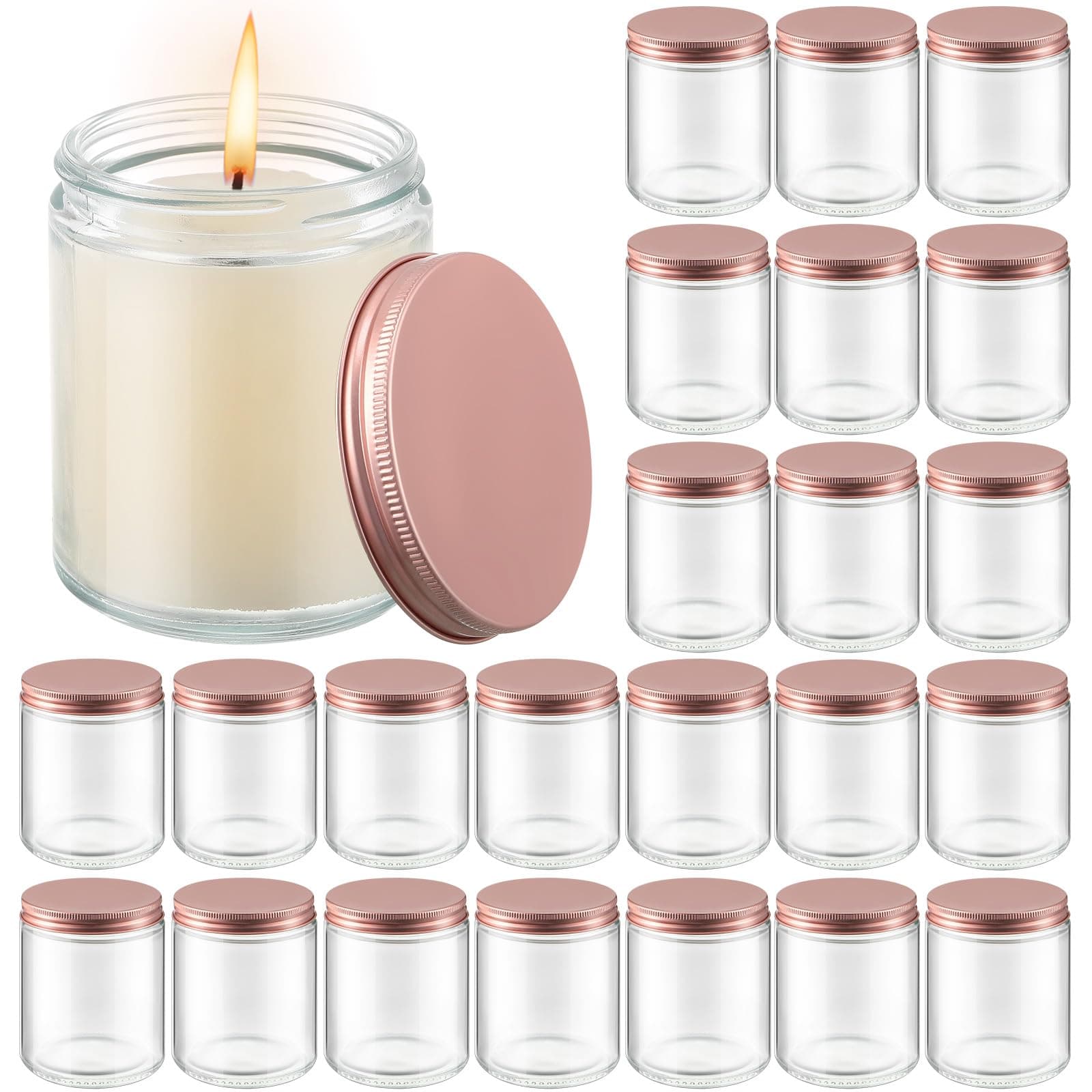 Tioncy 12 Pcs 8 oz 250 ml Thick Glass Jars with Metal Lids, Clear Candle Making Jars with Rose Gold Lids Empty Food Storage Containers Mason Canning Jar for Spice Powder Liquid Honey Cosmetic