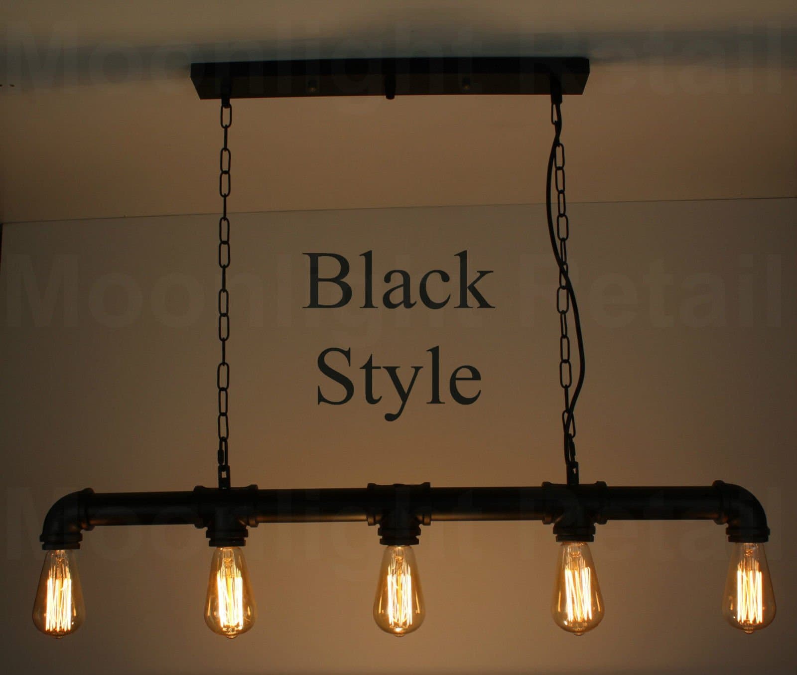Industrial Steampunk Lighting Iron Pipe Edison Bulb Ceiling Bar Light with Chain - Black