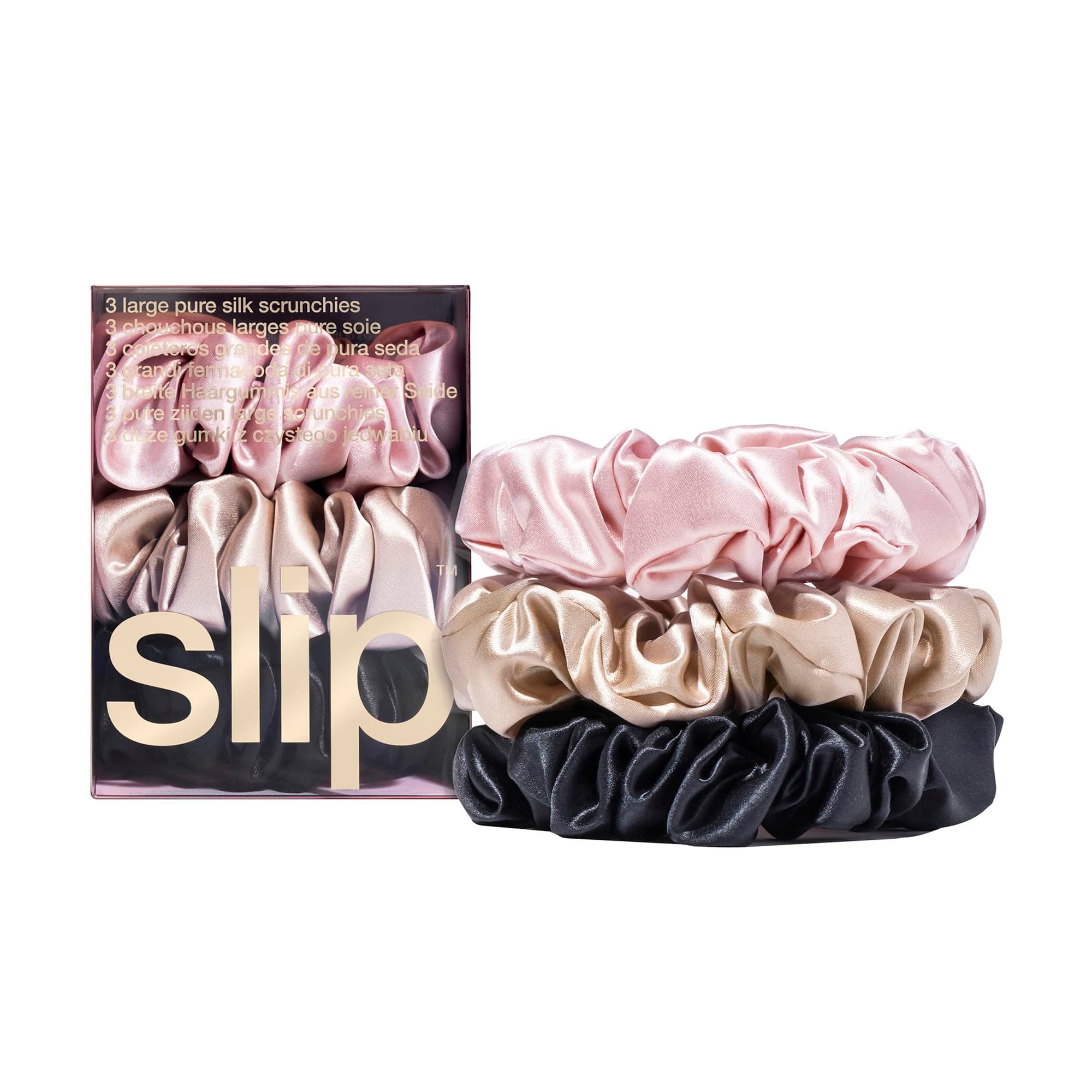 Silk Large Scrunchies Set - Black, Pink, and Caramel - 100% Pure 22 Momme Mulberry Slipsilk Hair ties for Women - Hair-Friendly + Luxurious Elastic Scrunchie Set - 3 Scrunchies