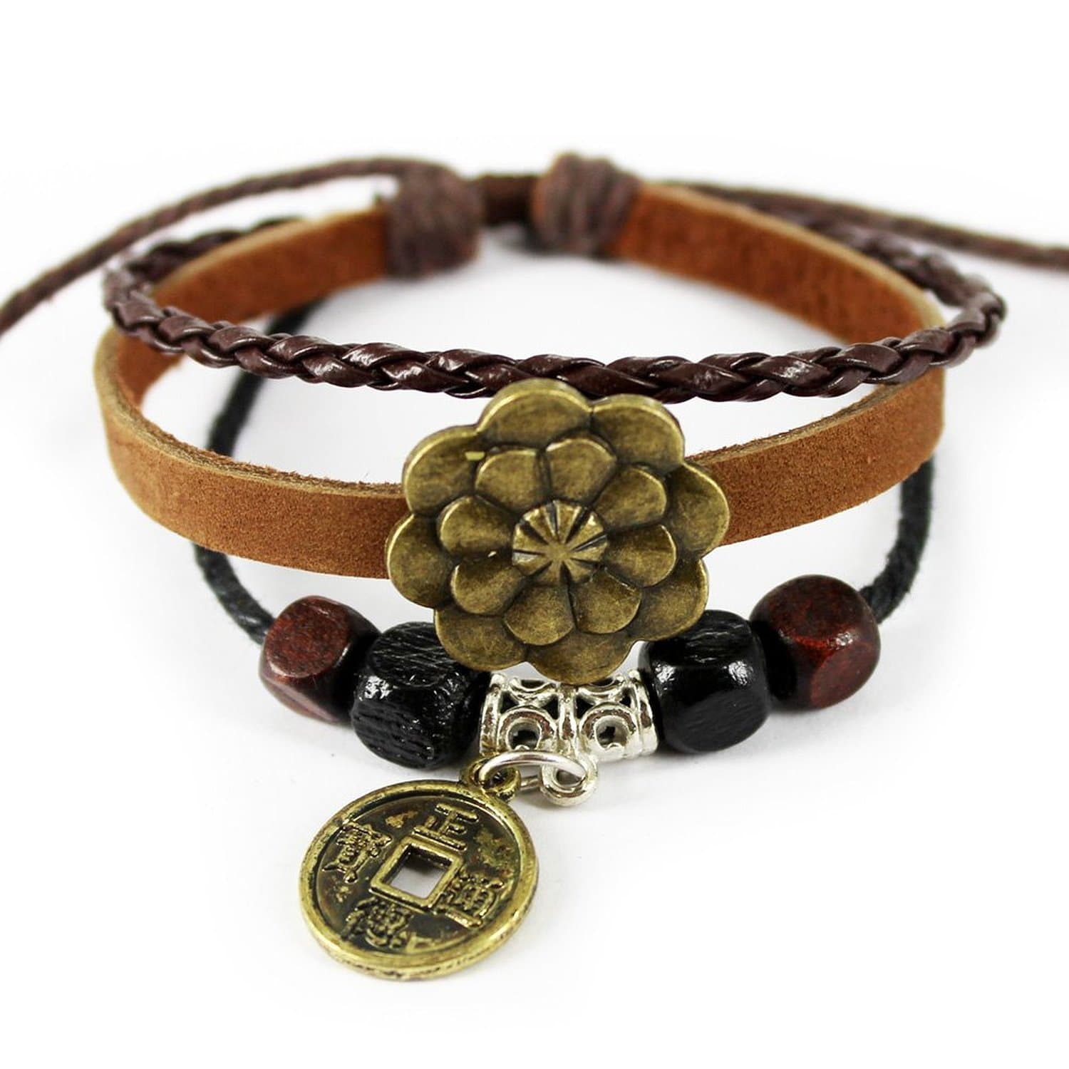 Seattle Night Holy Lotus Flower Adjustable Length Ancient Copper Pendant Wrist Wrap Bracelet
