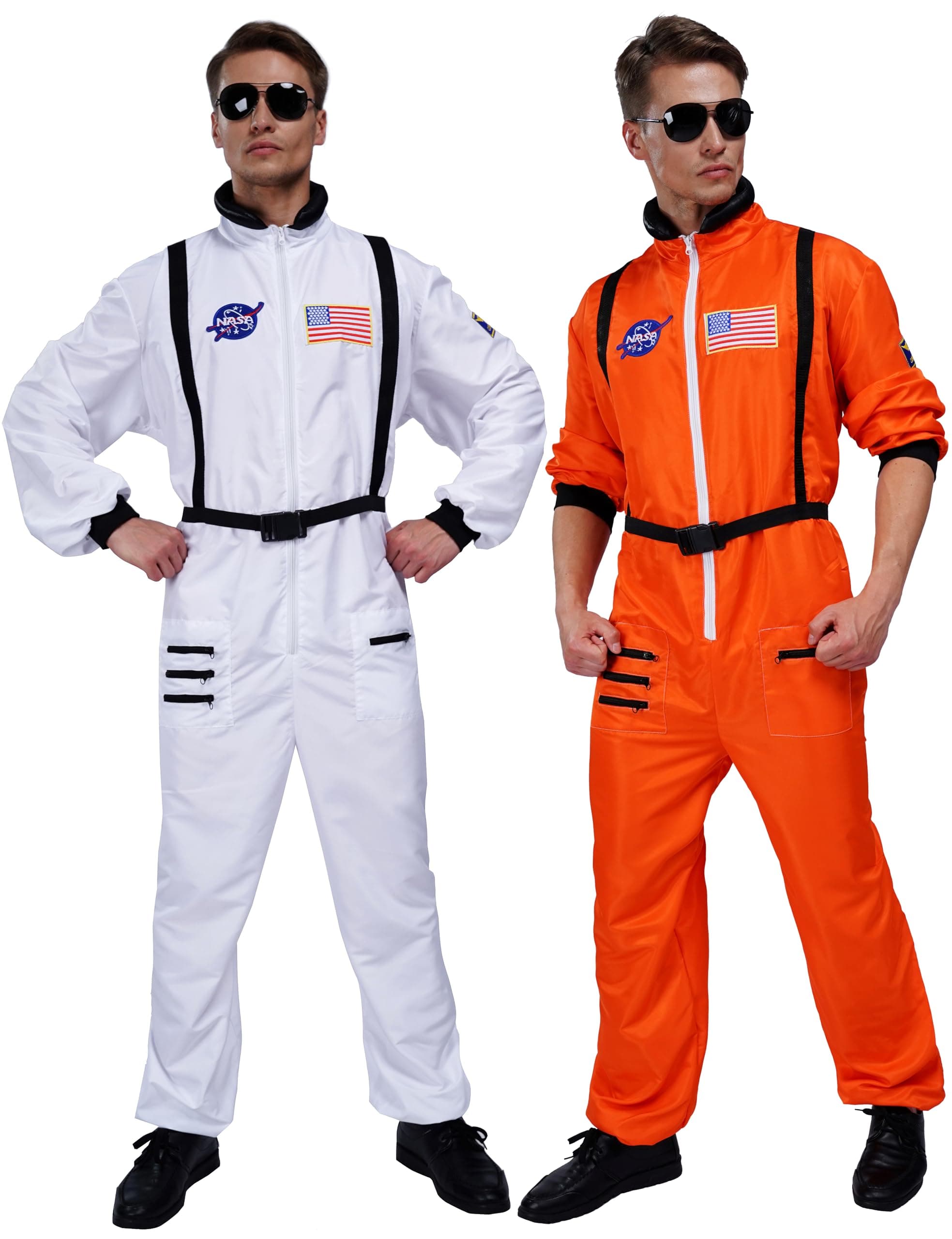 Mens Astronaut Costume Jumpsuit for Adults with Embroidered Patches and Pockets