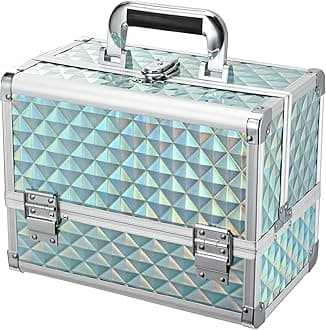 Joligrace Makeup Box 11.6-Inch Cosmetic Train Case for Women Travel Jewelry Organizer with Compartments & Mirror Portable Lockable Make-up Trunk Turquoise