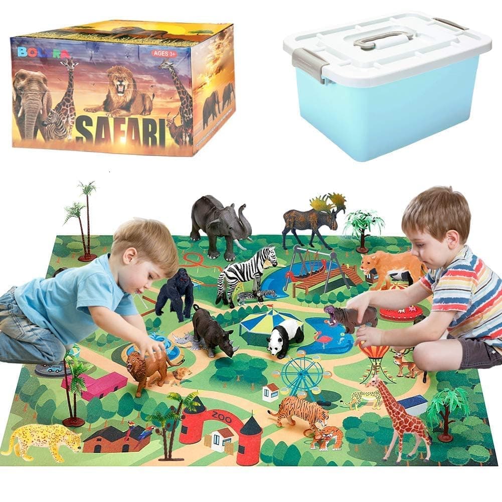 Safari Animals Figures with Activity Play Mat & Storage Box, Realistic Plastic Jumbo Playset, Jungle Wild Zoo Animals Toys for Kids Toddler 3-5, 22Pcs Birthday Gifts Christmas Stocking Stuffers