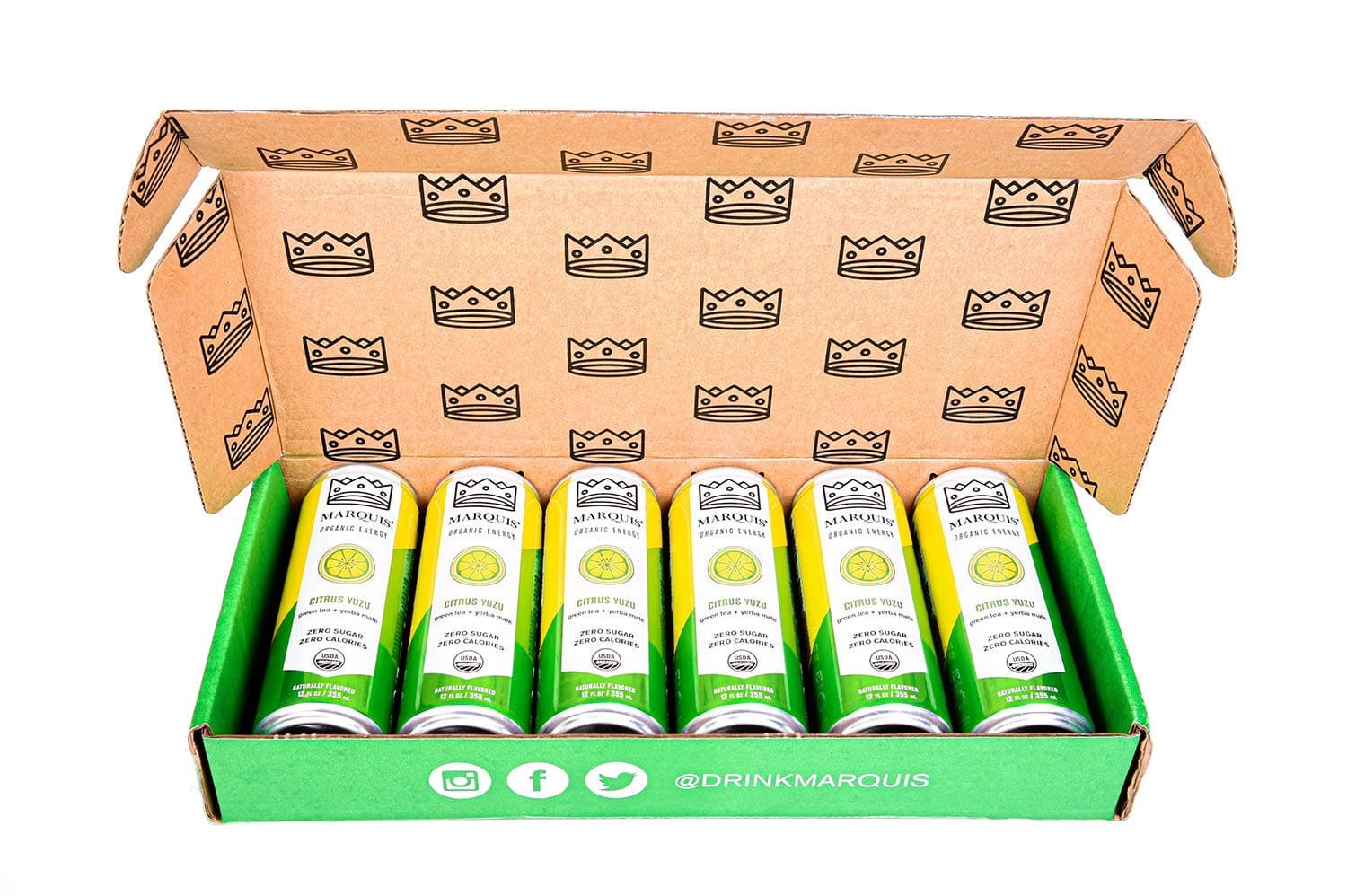 Organic Green Tea + Yerba Mate Drink by Marquis |Antioxidant Infused Sparkling Beverage | Zero Sugars, Zero Calories | Citrus Yuzu Flavor Super Tea | Pack of 6 (12 oz Cans)