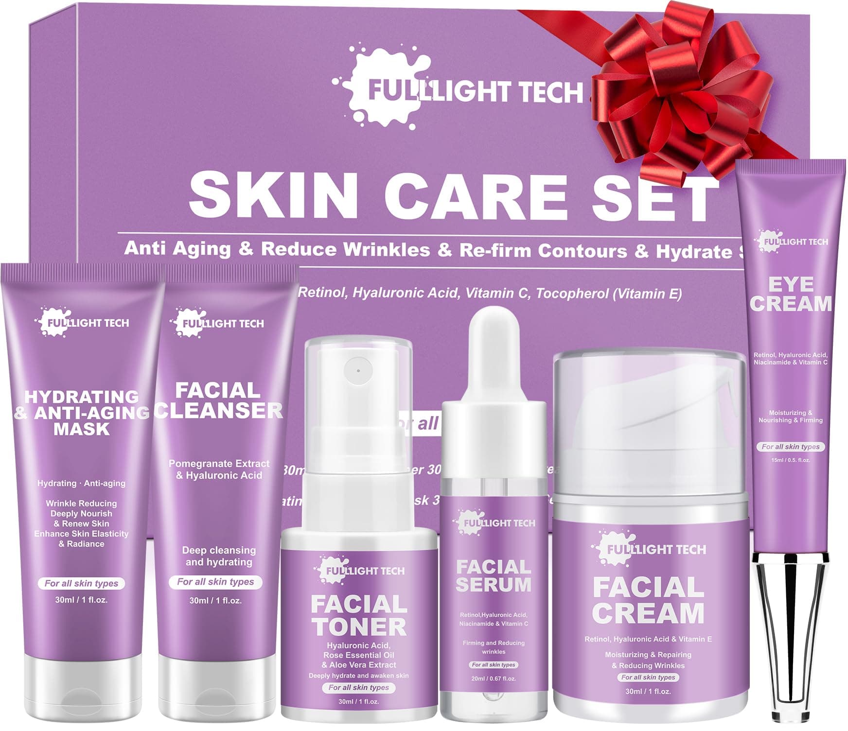Skin Care Set,Anti Aging Skin Care Kit,Reduce Wrinkles & Hydrate Skin,Facial Cleanser,Toner,Cream,Serum,Eye Cream Skincare Gift Set,Wife Mom Women Gifts for Christmas,Valentines Day Gifts for Her