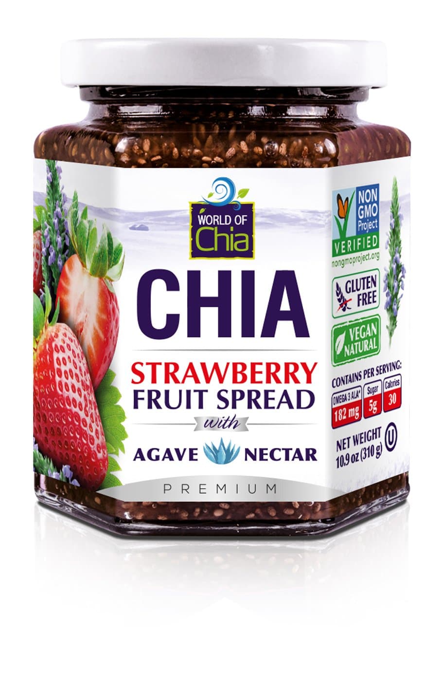 World of Chia Premium Strawberry Jam Spread with Agave Nectar & No Added Pectin, Low Glycemic & Gluten Free, Vegan Friendly Chia Jam, Made with Organic Chia Seeds, Chia Jelly - (1 Pack, 10.9 Oz Total)