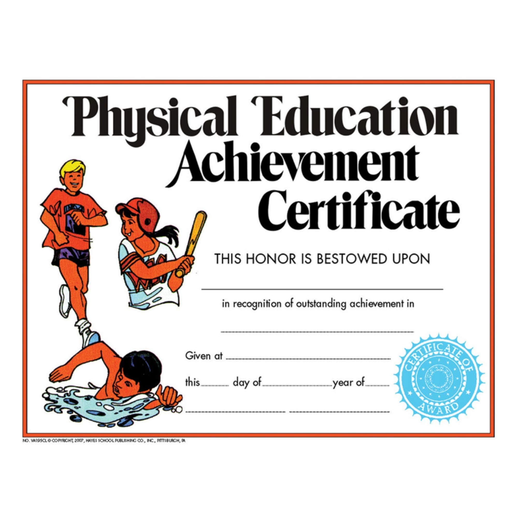 Hayes Physical Education Certificates, Gym Class Recognition Awards for Students, Customizable Awards, Full-Color Matte Finish, 8.5" x 11" - 30 Pack