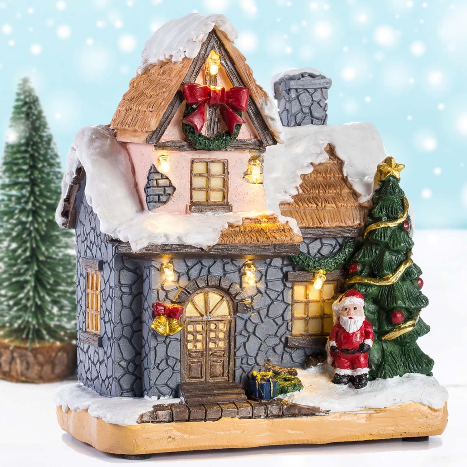 innodept12 6" Resin Christmas Scene Village Houses Town with Warm White LED Light Battery Operate Christmas Ornamnet
