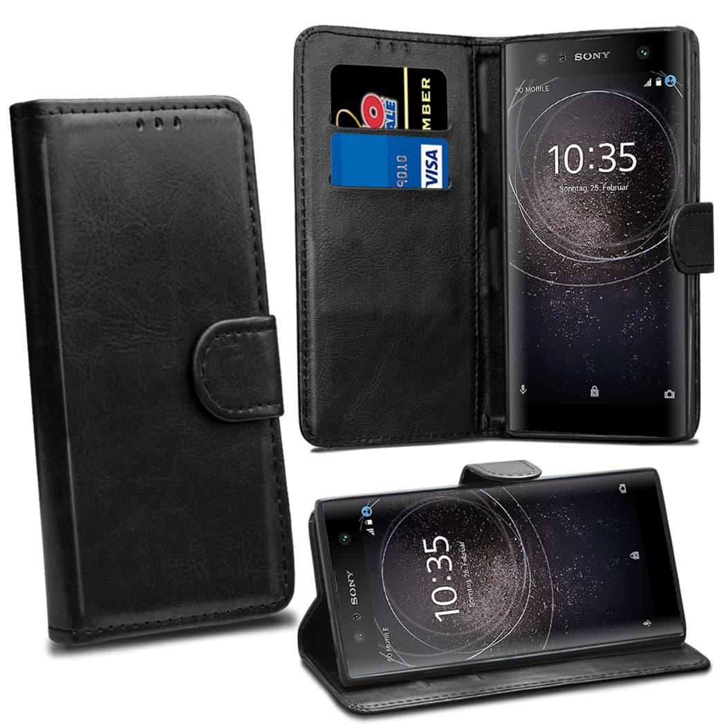 Sony Xperia XA2 Cases - Premium Black Wallet Leather Flip Case Cover For Sony Xperia XA2 [Card Holder] [Magnetic Closure]