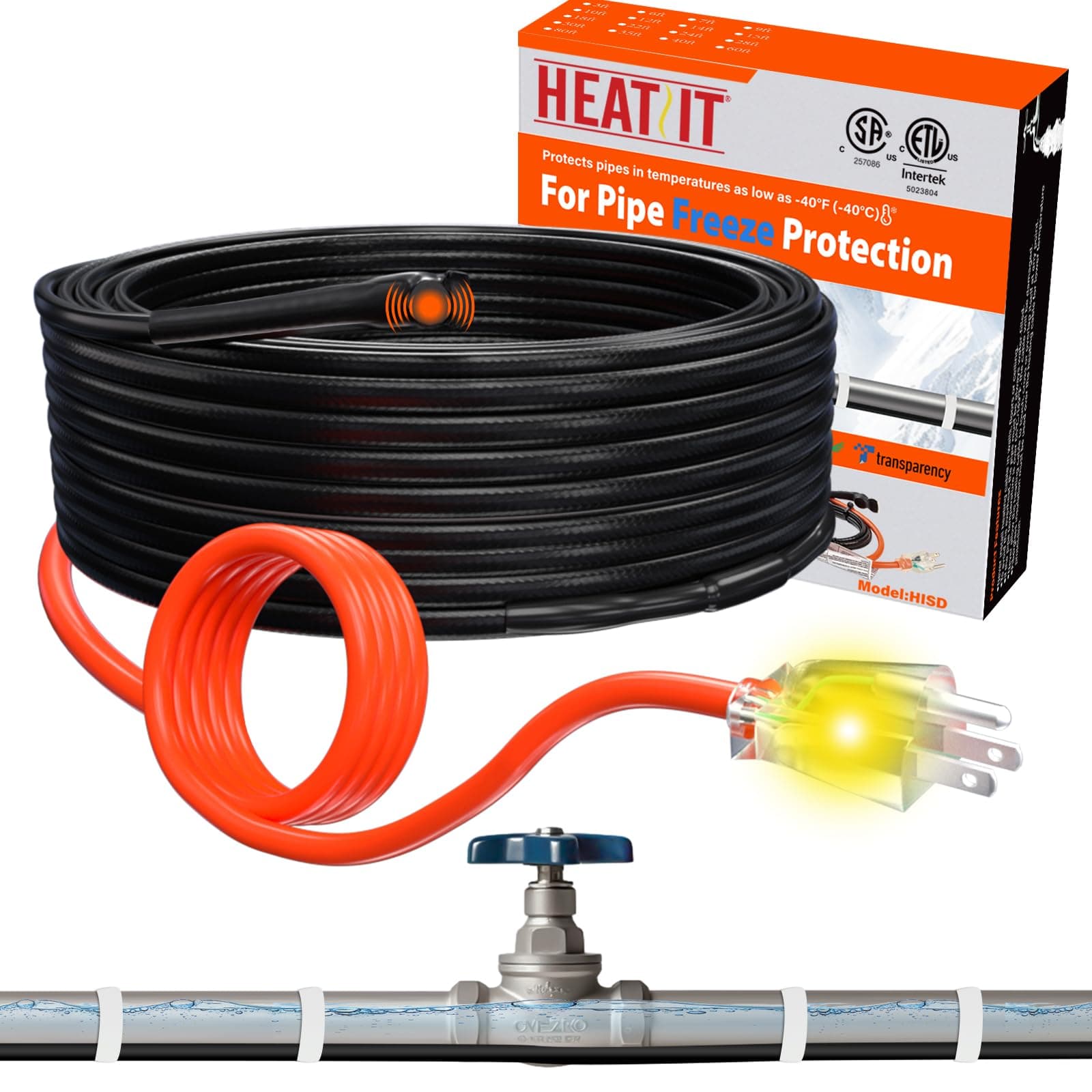 HEATIT Heat Tape for Water Pipes - Prevent Freezing, Trusted Winter Essential, CSA & ETL Approved, Keeps Water Flowing, Reliable, Efficient, Durable heated pipe wrap cable HISD 40ft, 7w/ft, 120V